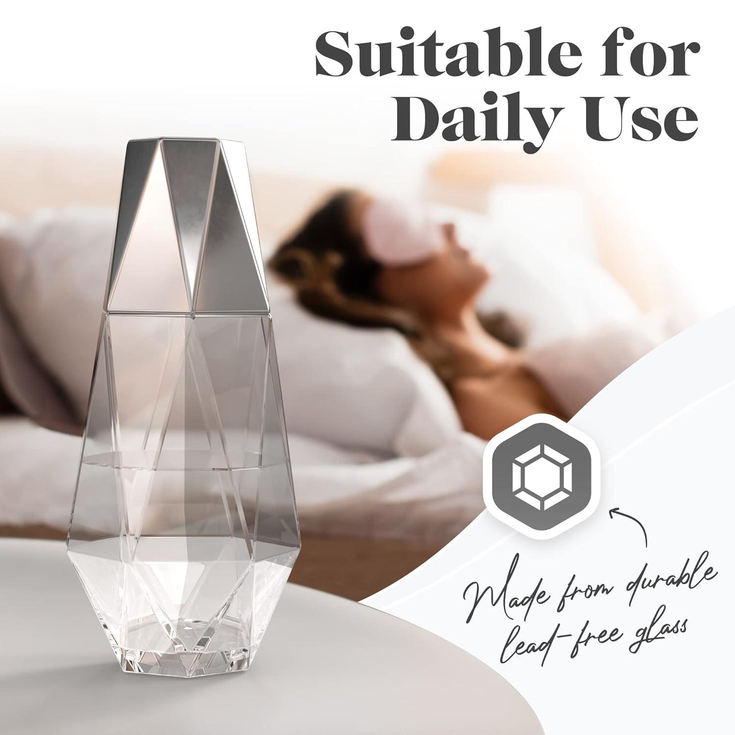 Fifth Avenue Crystal Geometric Bedside Night Water Carafe and Tumbler Lid, 2-Piece,Silver