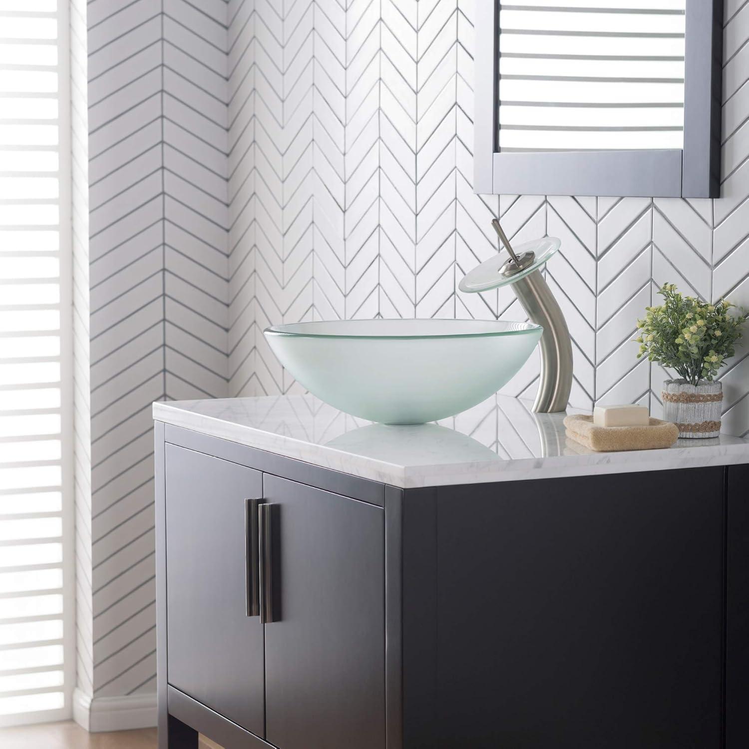 KRAUS Tall Waterfall Bathroom Faucet for Vessel Sink with Frosted Glass Disk and Pop-Up Drain, Satin Nickel Finish