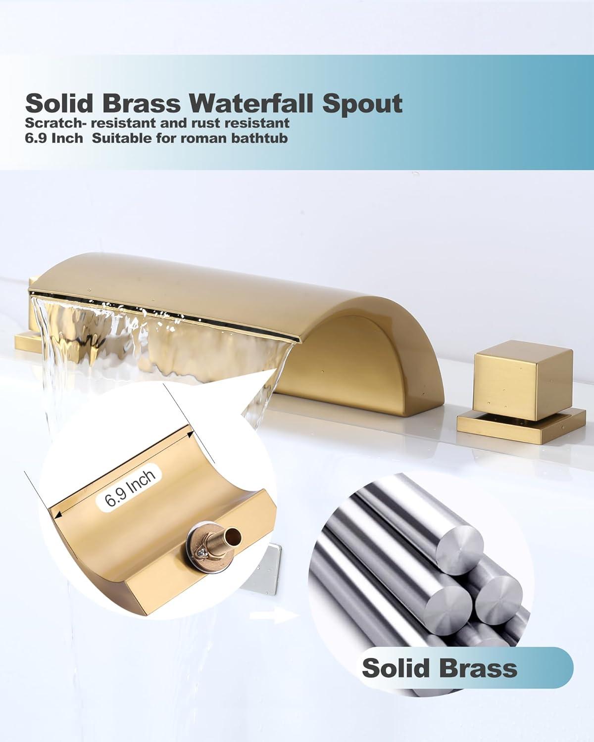 Brushed Gold Brass Double Handle Roman Tub Faucet