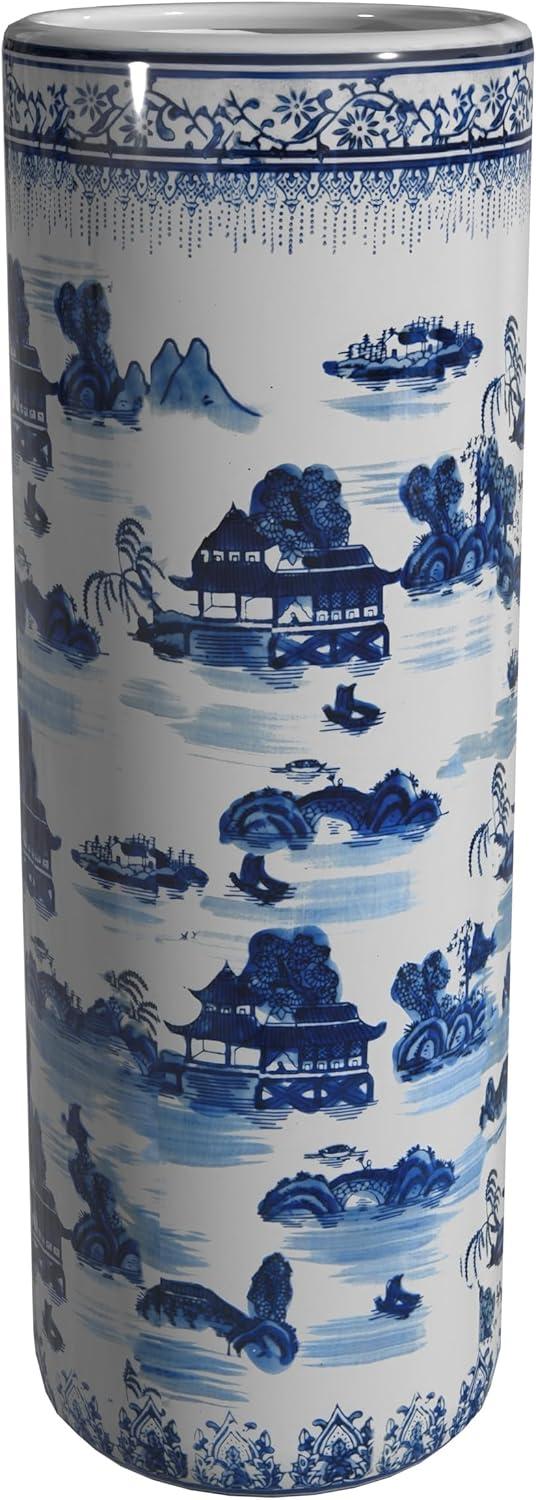 Oriental Furniture 24 In. Porcelain Umbrella Stand, Landscape Blue & White