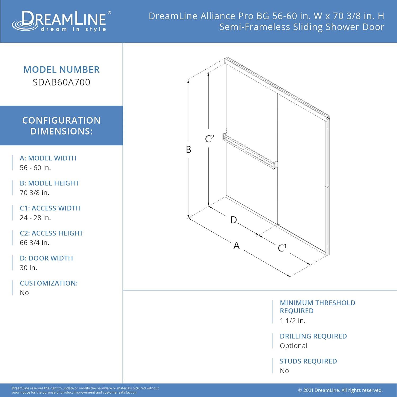 DreamLine Alliance Pro BG 56-60 in. W x 70 3/8 in. H Semi-Frameless Sliding Shower Door