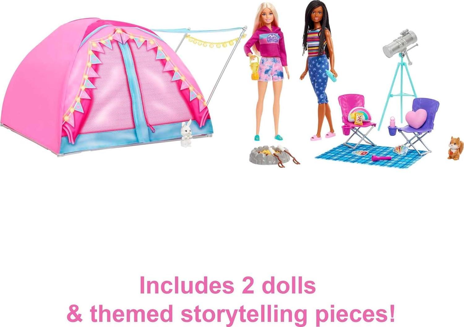 Barbie It Takes Two Let's Go Camping Tent Playset with Brooklyn & Malibu Dolls & 20 Accessories