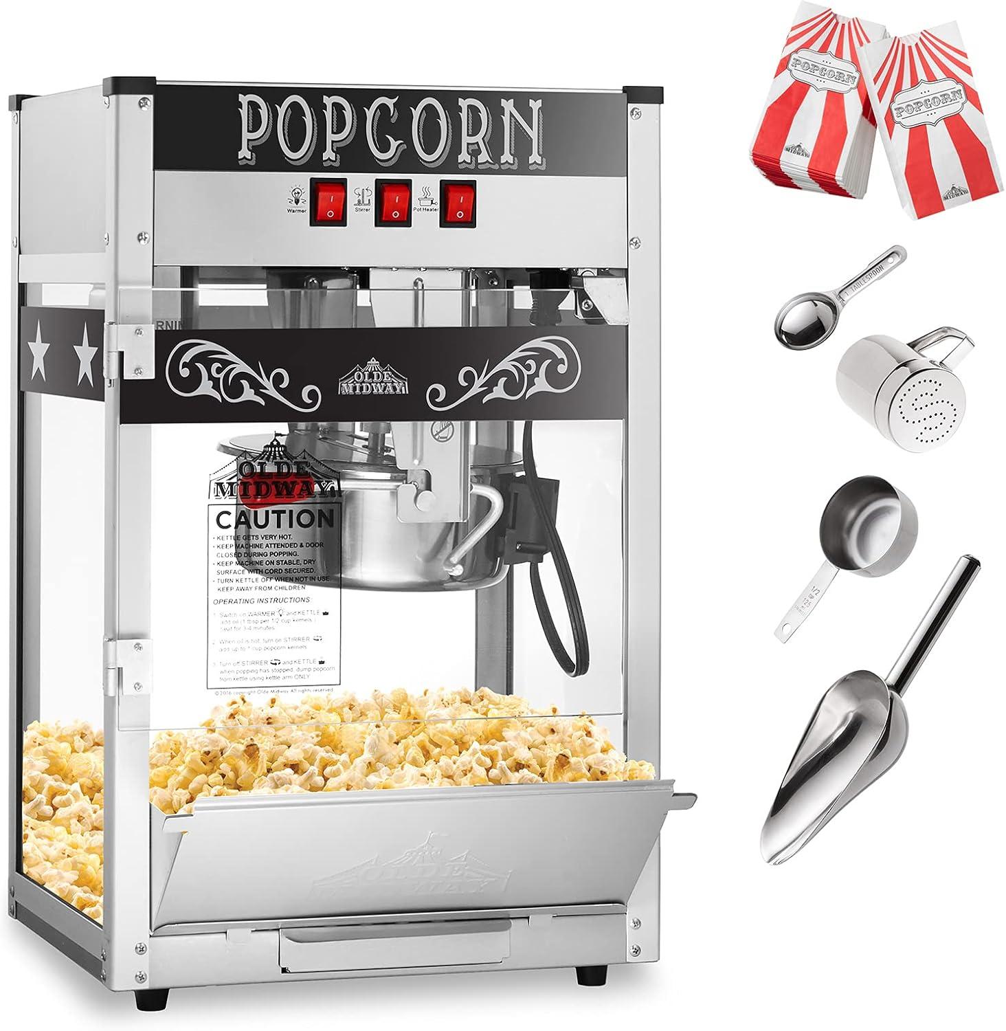 Olde Midway Commercial Popcorn Machine, Bar Style Popper with 8 Ounce Kettle