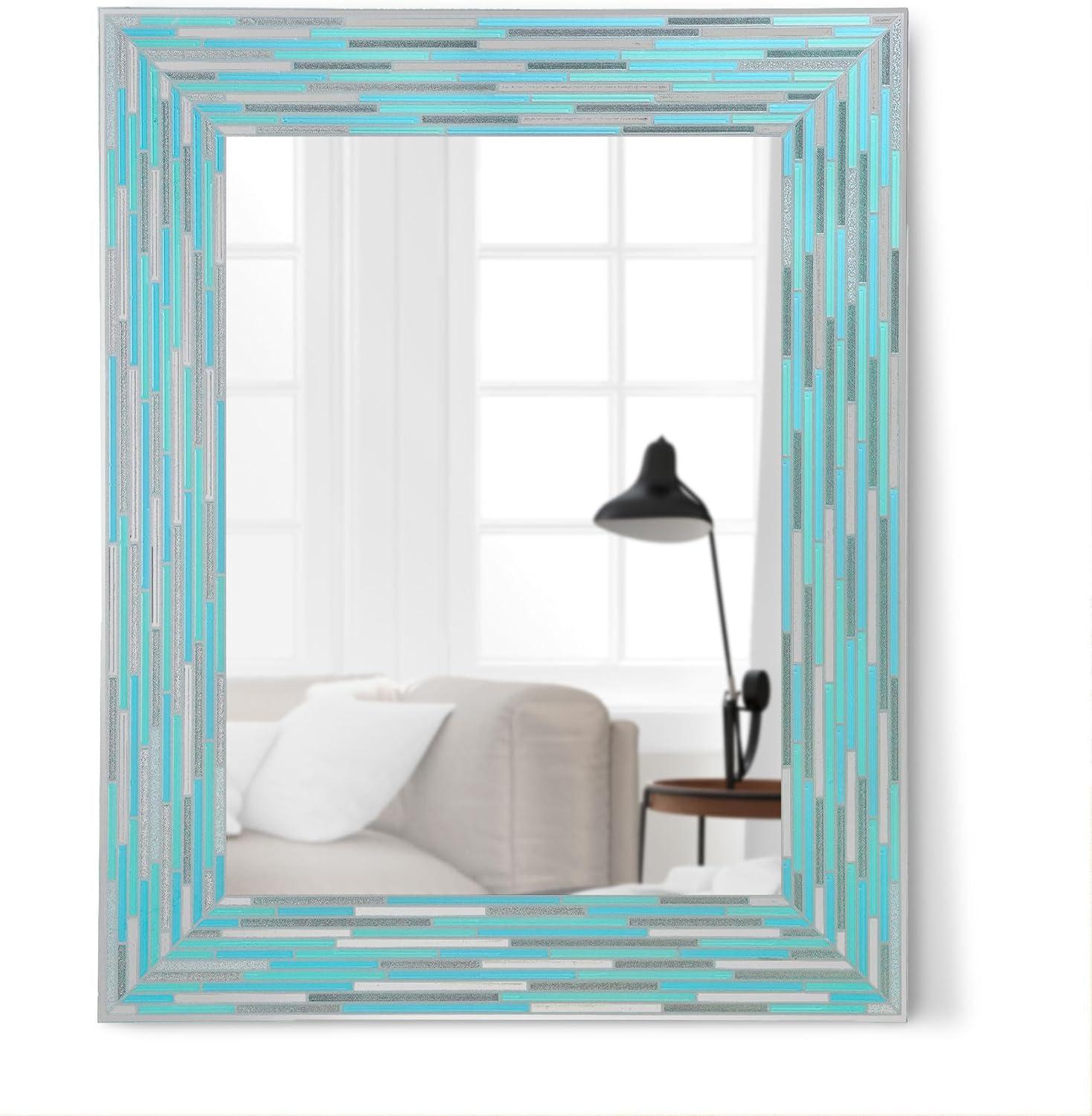 Head West Mosaic Printed Reeded Tiled Sea Glass Aqua Blue Wall Mirror for Bathroom 24x30"