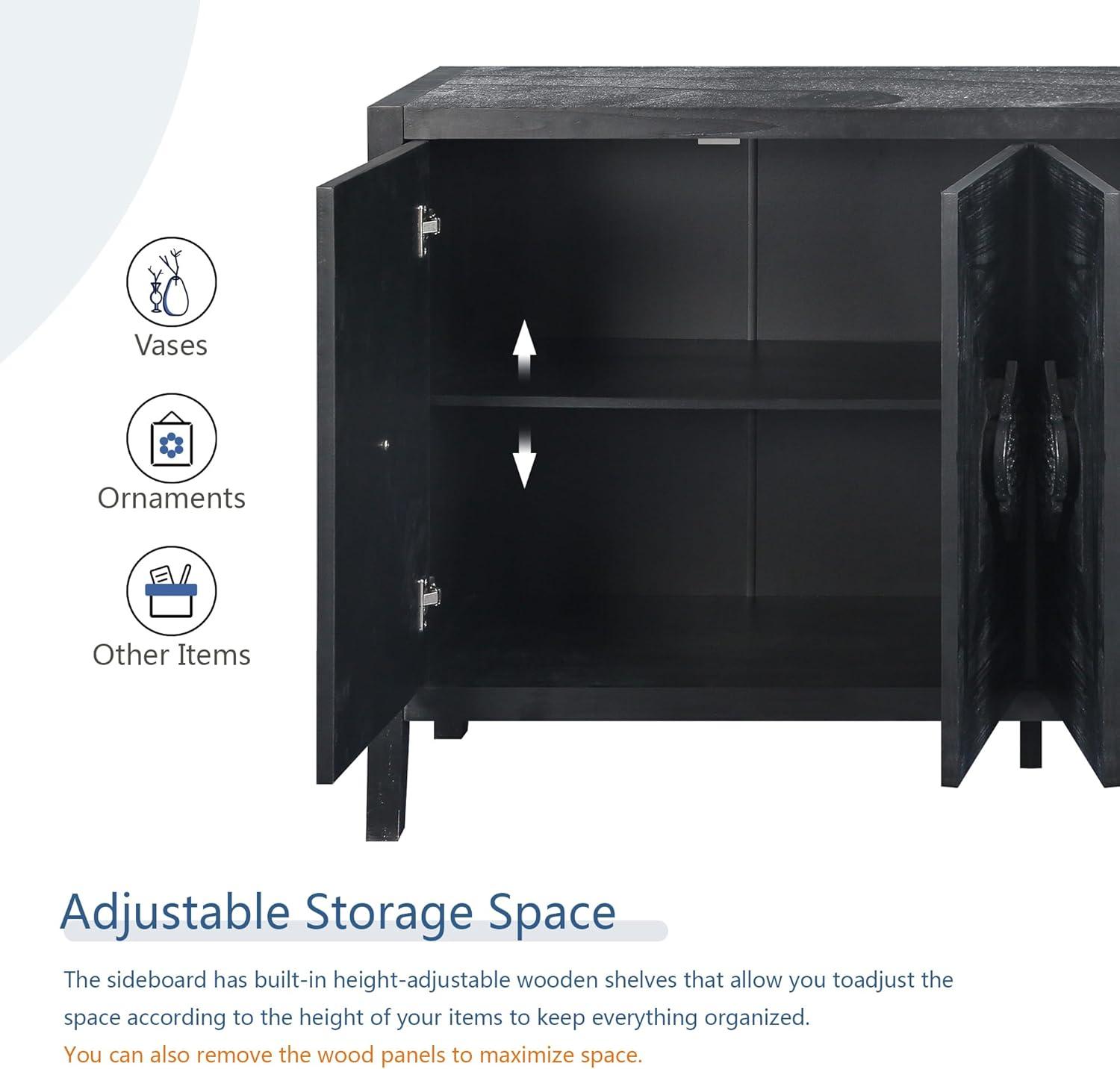 Sideboard Buffet Cabinet, Wooden Storage Cabinet with Carved Flower Door Handle, Retro Style Kitchen Sideboard Console Table for Living Room, Dining Room, Hallway, Entryway, Antique Black