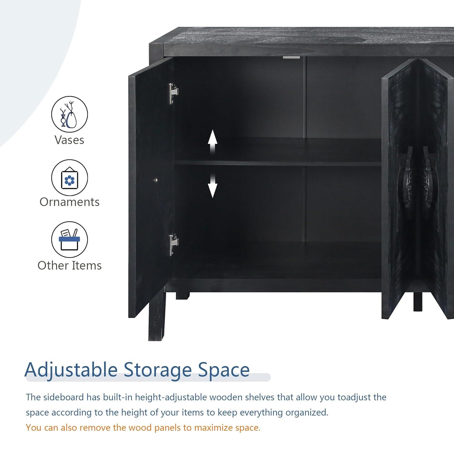 Sideboard Buffet Cabinet, Wooden Storage Cabinet with Carved Flower Door Handle, Retro Style Kitchen Sideboard Console Table for Living Room, Dining Room, Hallway, Entryway, Antique Black