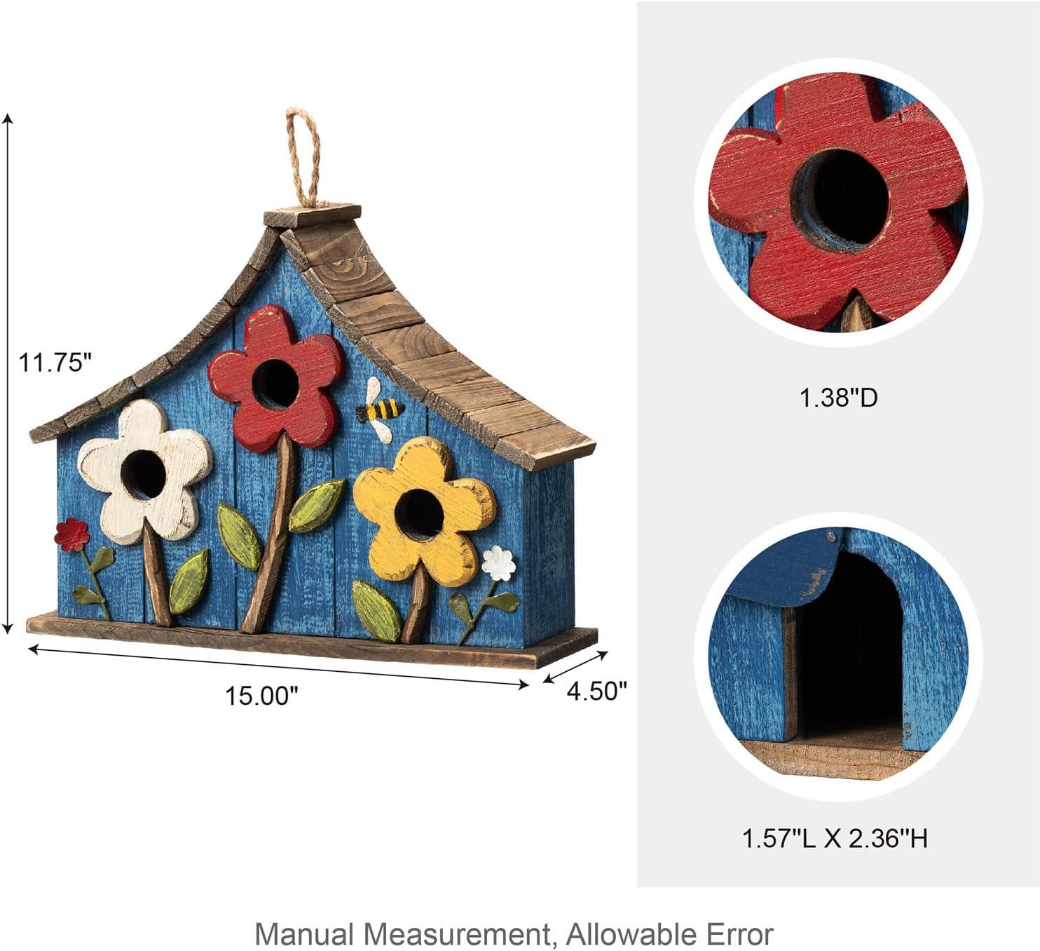 Oversized Blue Wooden Birdhouse with 3D Flowers