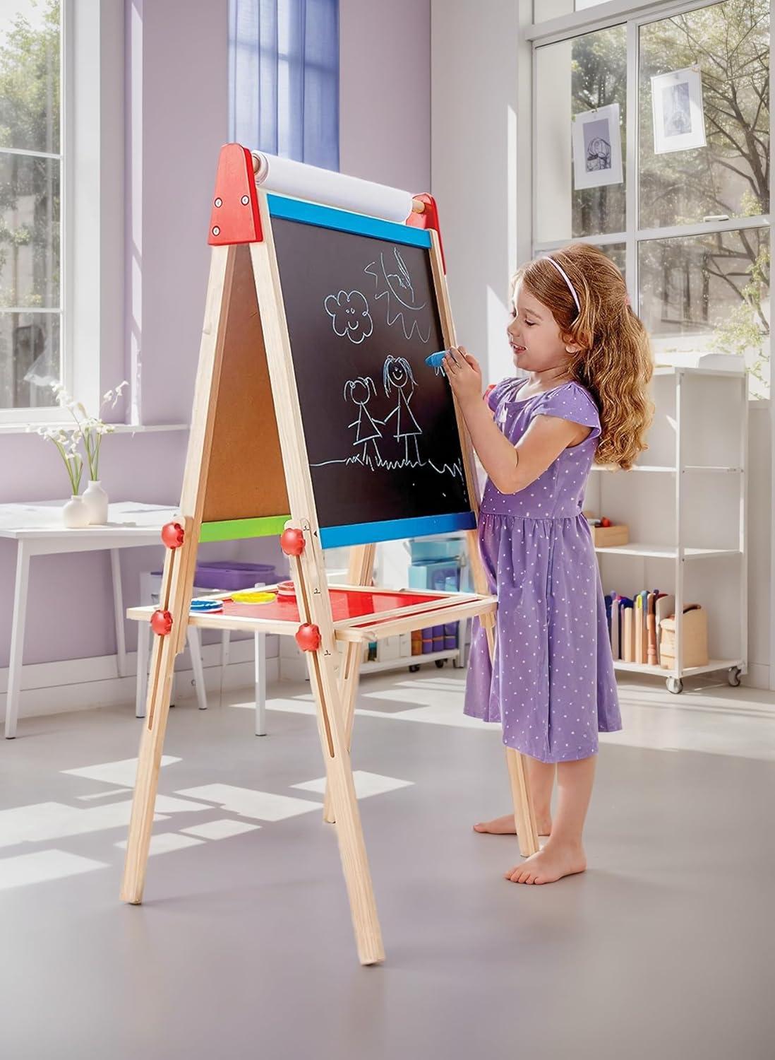 Hape All-in-One Double-Sided Art Easel w/ Paper Roll & Accessories, Blackboard & Magnetic Whiteboard