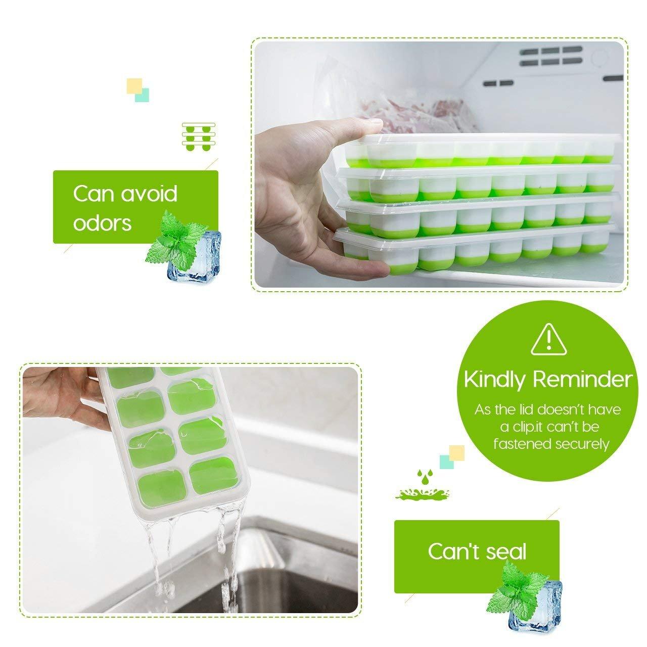 4 Bandejas de Hielo, Silicona con Tapa Extraíble, Bandejas de 14 Hielos Flexibles de Fácil Liberación, Moldes de Hielo Duraderos, Fundas Apilables y Extraíbles para Cócteles, Congeladores y Cervezas