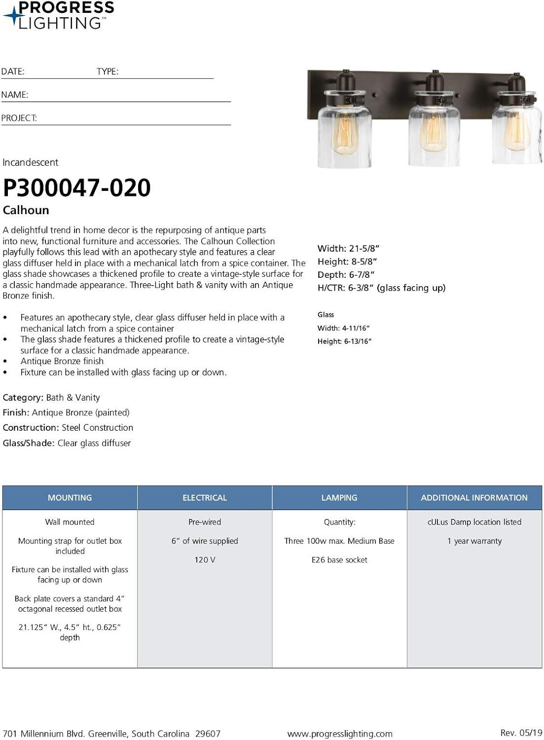 Progress Lighting Calhoun 3-Light Bath Vanity, Steel, Antique Bronze, Clear Glass Shade