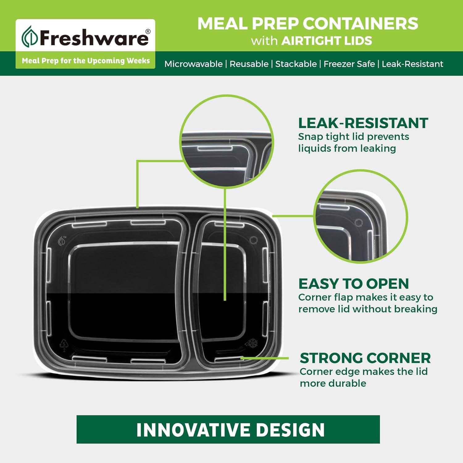 Freshware Meal Prep Containers [50 Pack] 2 Compartment with Lids, Food Storage Containers, Bento Box, BPA Free, Stackable, Microwave/Dishwasher/Freezer Safe (28 oz) C47