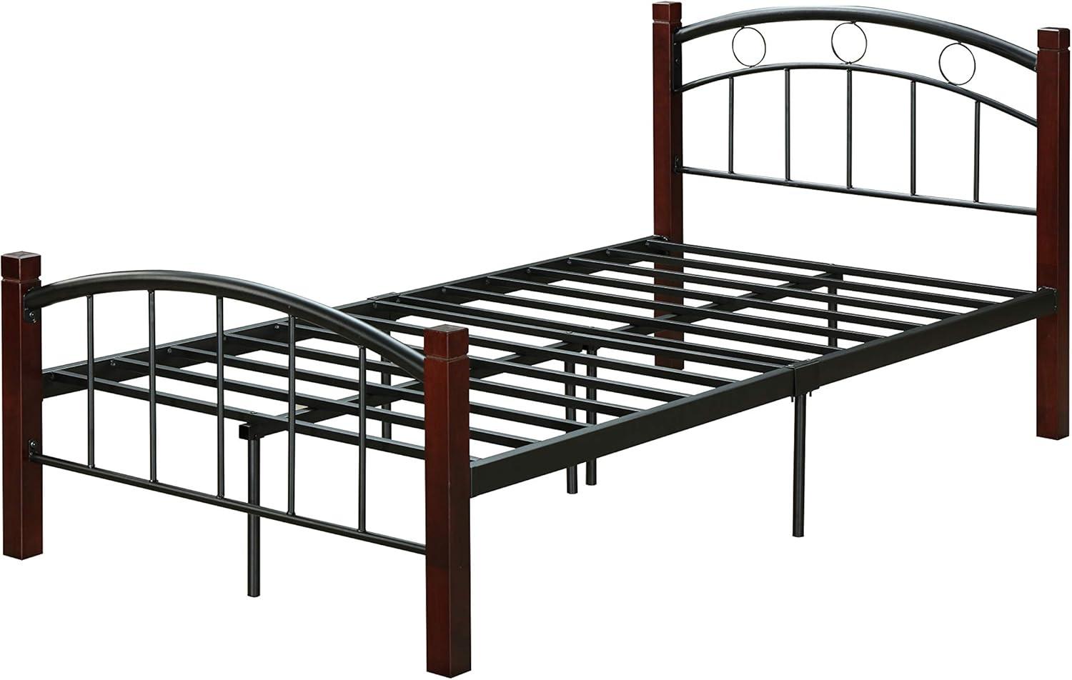 Complete Full Metal Bed with Headboard, Footboard and Mahogany Wood Posts
