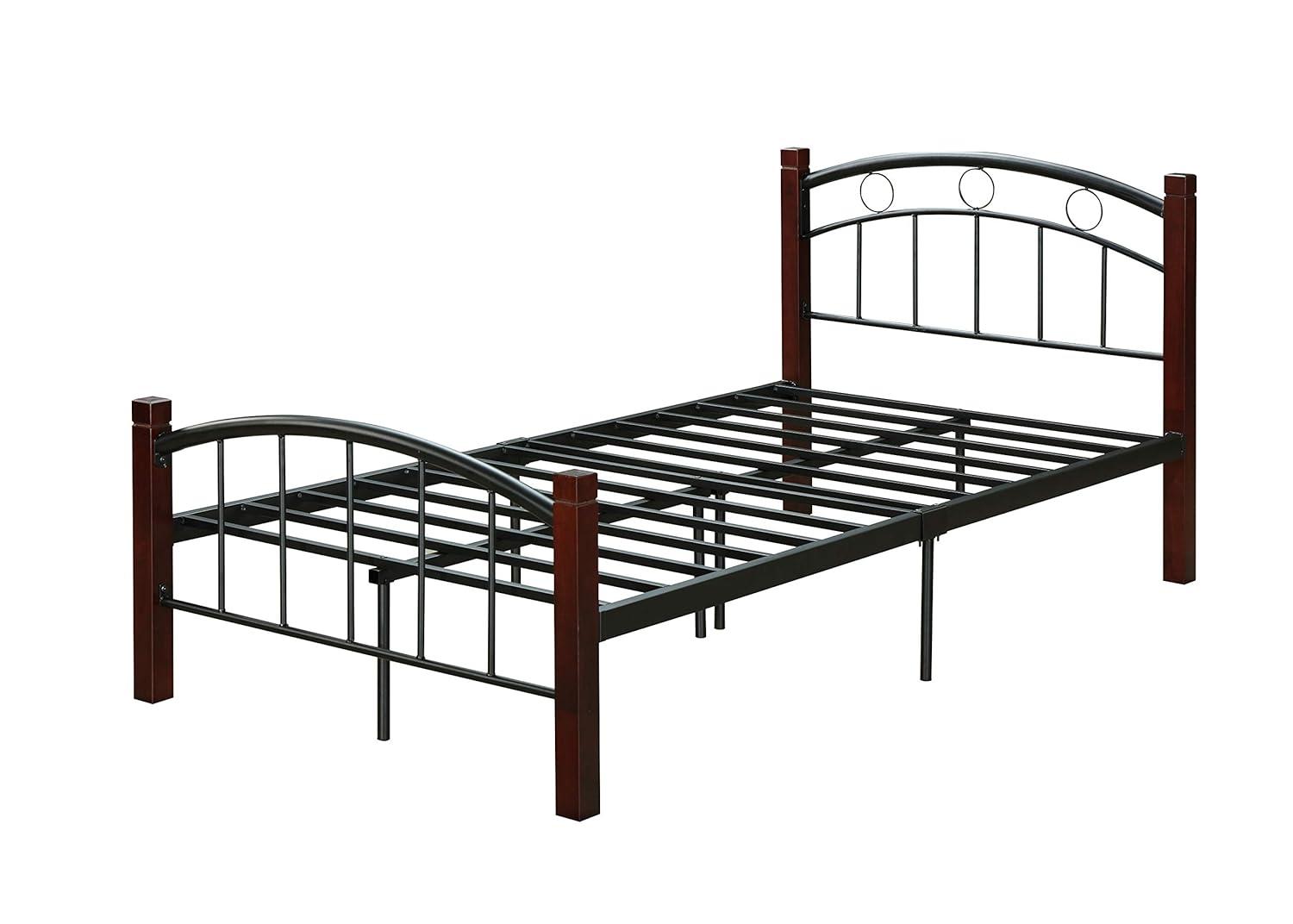 Complete Full Metal Bed with Headboard, Footboard and Mahogany Wood Posts