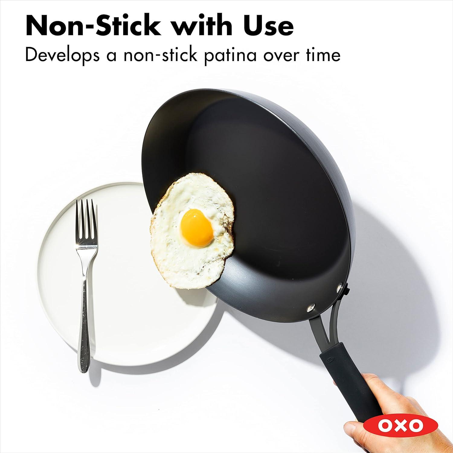 OXO Obsidian Pre-Seasoned Carbon Steel Induction Safe 8" Frying Pan with Silicone Sleeve, Black