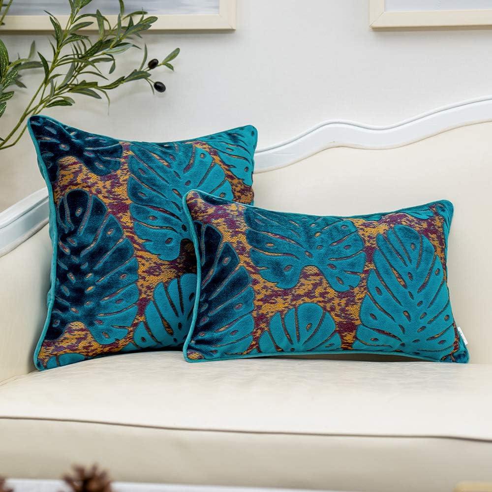 Navy Blue Embroidered Velvet Leaf 18" Square Pillow Cover