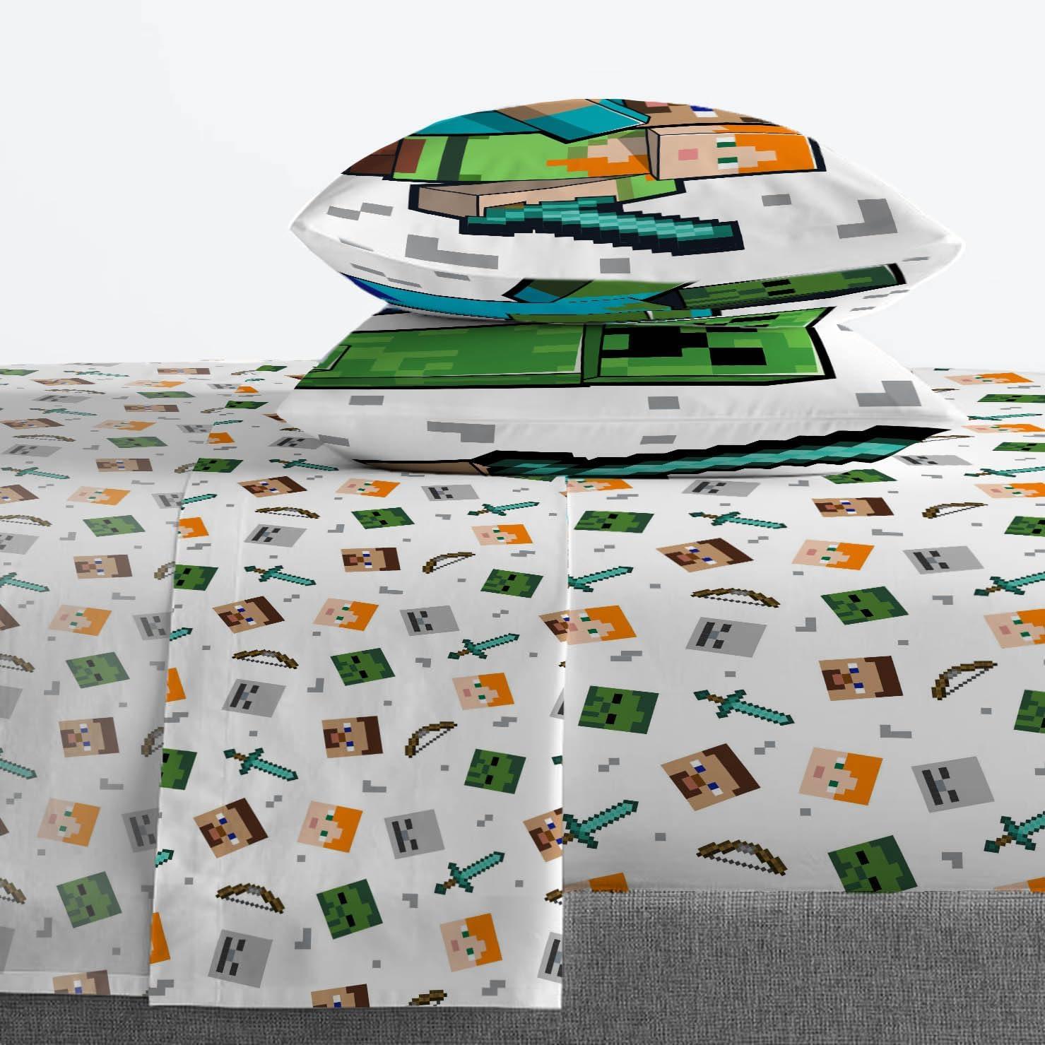Minecraft Battle Time Blue & Green 5 Piece Twin Bed Set w/ Sham, 100% Microfiber