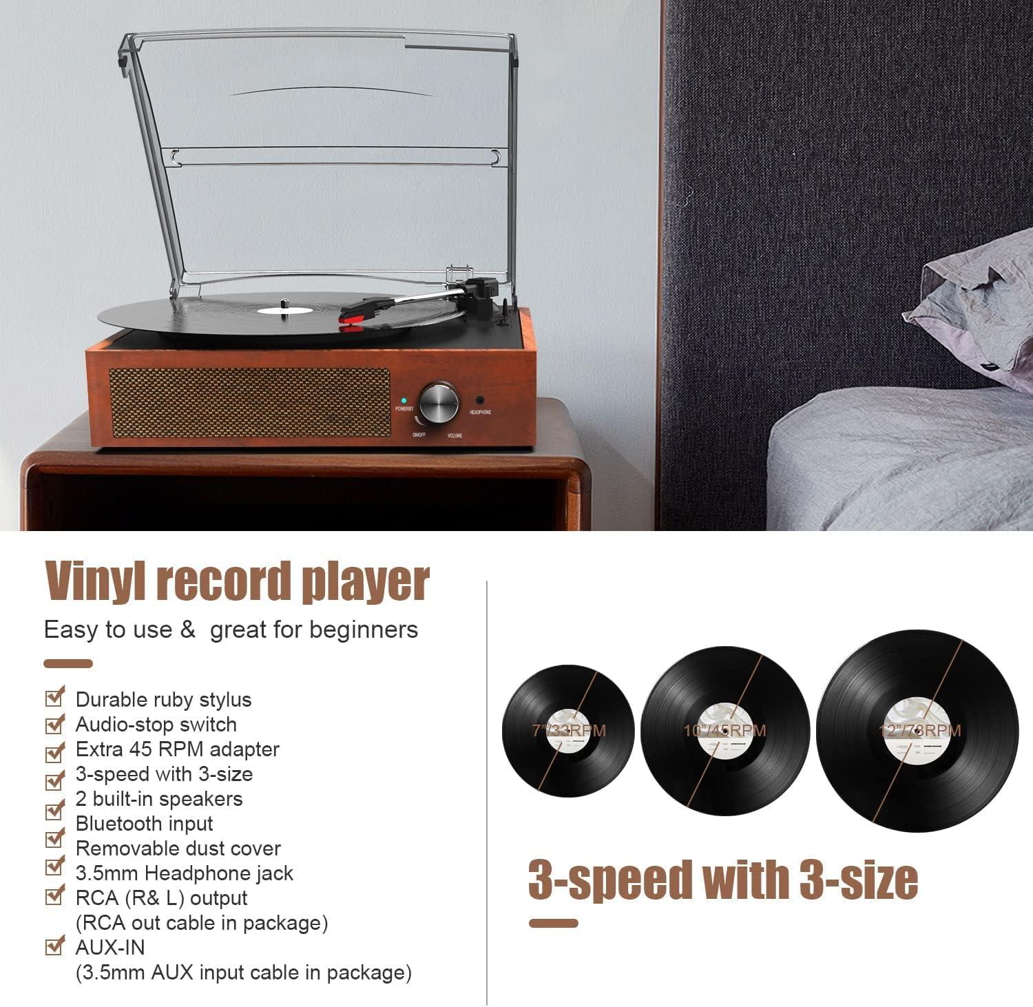 Record Players Vintage Turntable for Vinyl Records with Speakers Belt-Driven Turntables Support 3-Speed, Bluetooth Wireless Playback, Headphone, AUX-in, RCA Line LP Vinyl Players