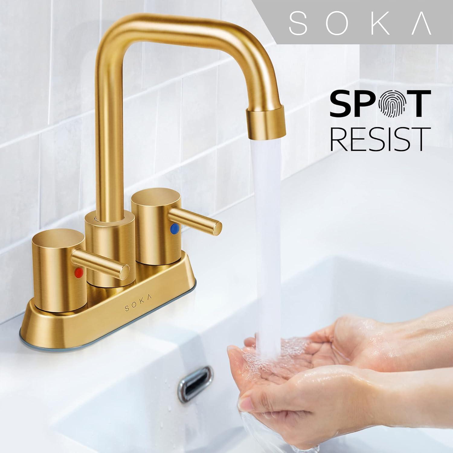 Centerset Bathroom Faucet 2 Handles 4 Inch Commercial Hand Sink Touch Faucets 3 Hole Bathroom Sink Faucet Gooseneck, Gold