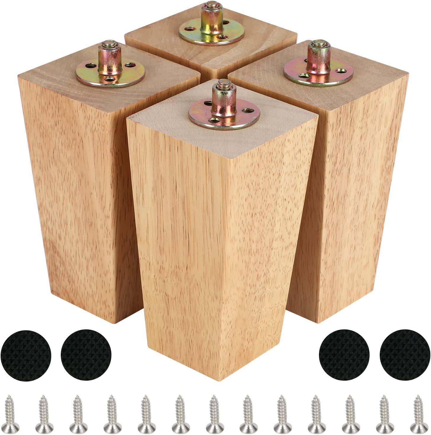 6 Inch Wood Furniture Legs, Wooden Couch Sofa Leg Feet Set of 4, Mid-Century Modern Black Square Replacement Legs for Sectional Nightstand Armchair Recliner Table Dresser Sideboard