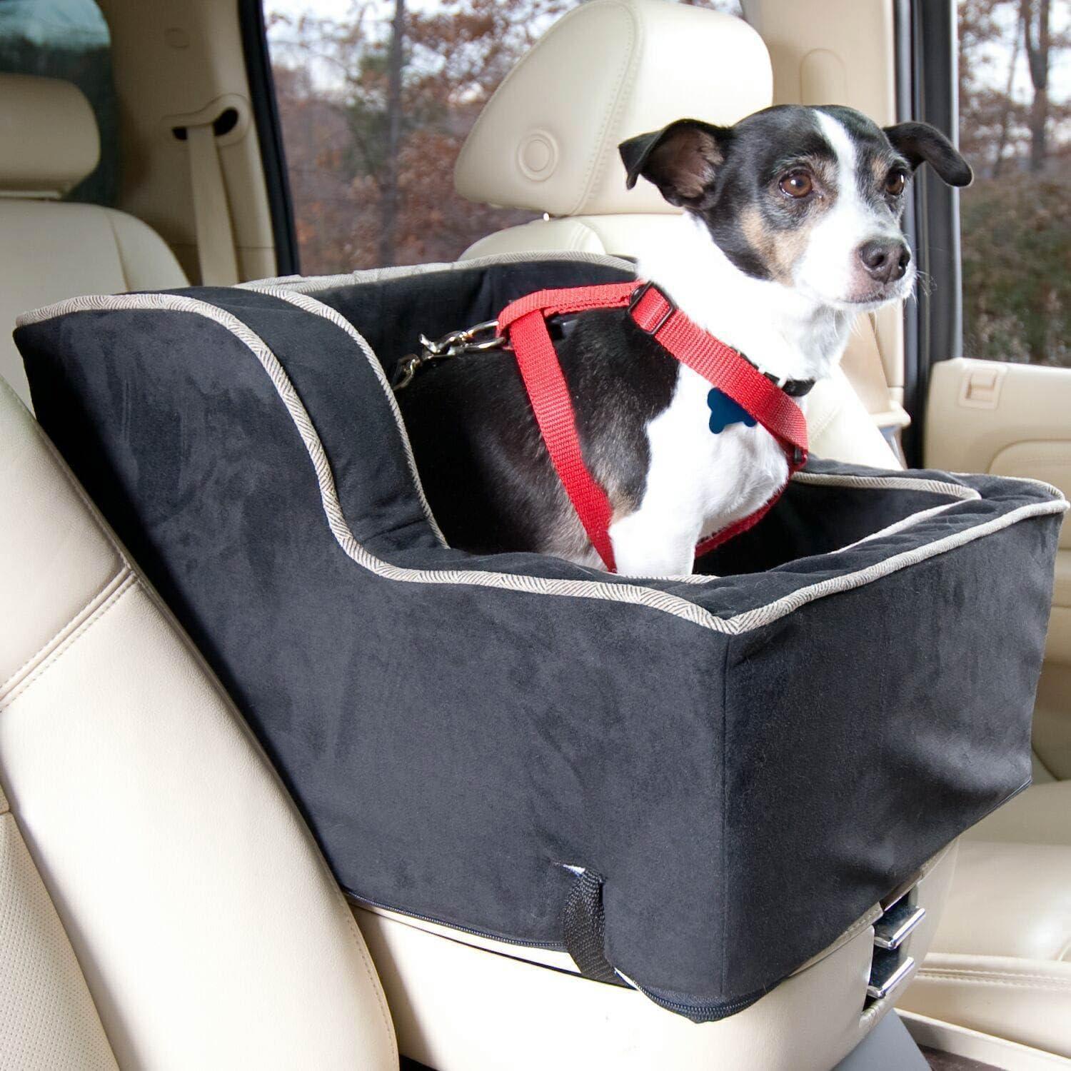 Snoozer Large High Back Console Dog Car Seat Travel Dog Bed Carrier for Dogs up to 12lbs, Provides Safe Pet Travel with Dog Car Seat Belt Harness Strap, Removable Machine Washable Merlin Linen Cover
