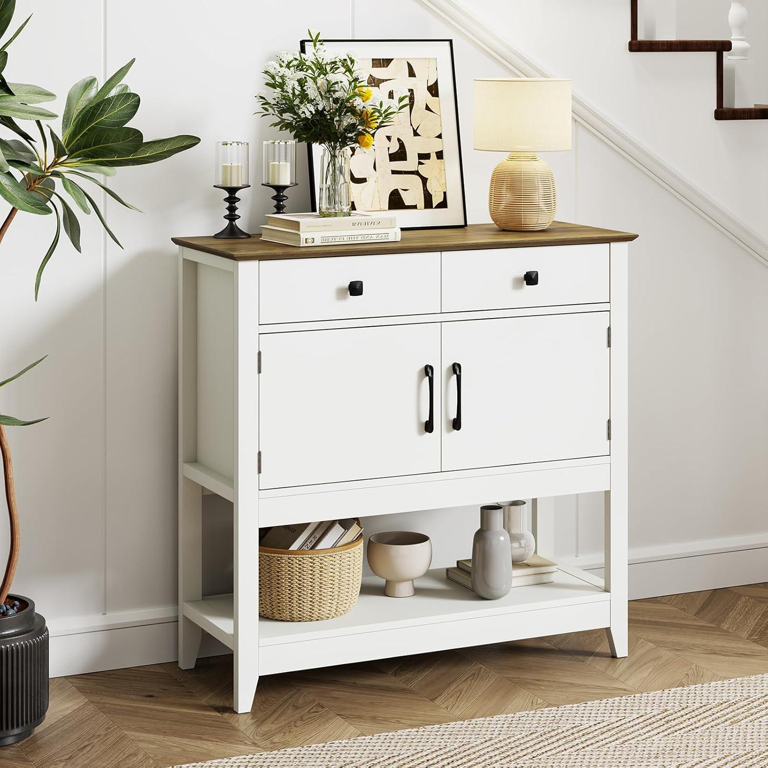 White and Brown Farmhouse Console Table with Storage