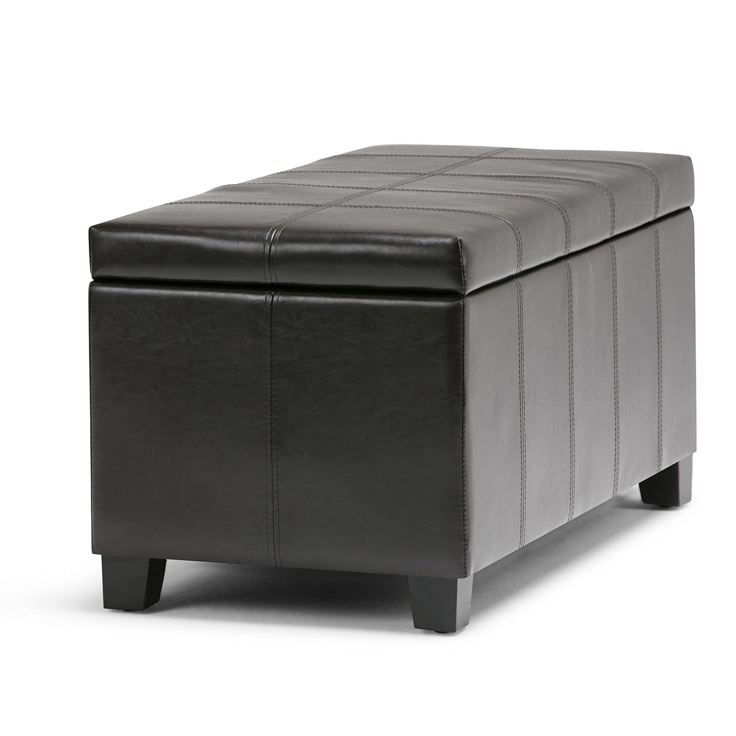 Simpli Home Dover Faux Leather Storage Bench in Tanners Brown