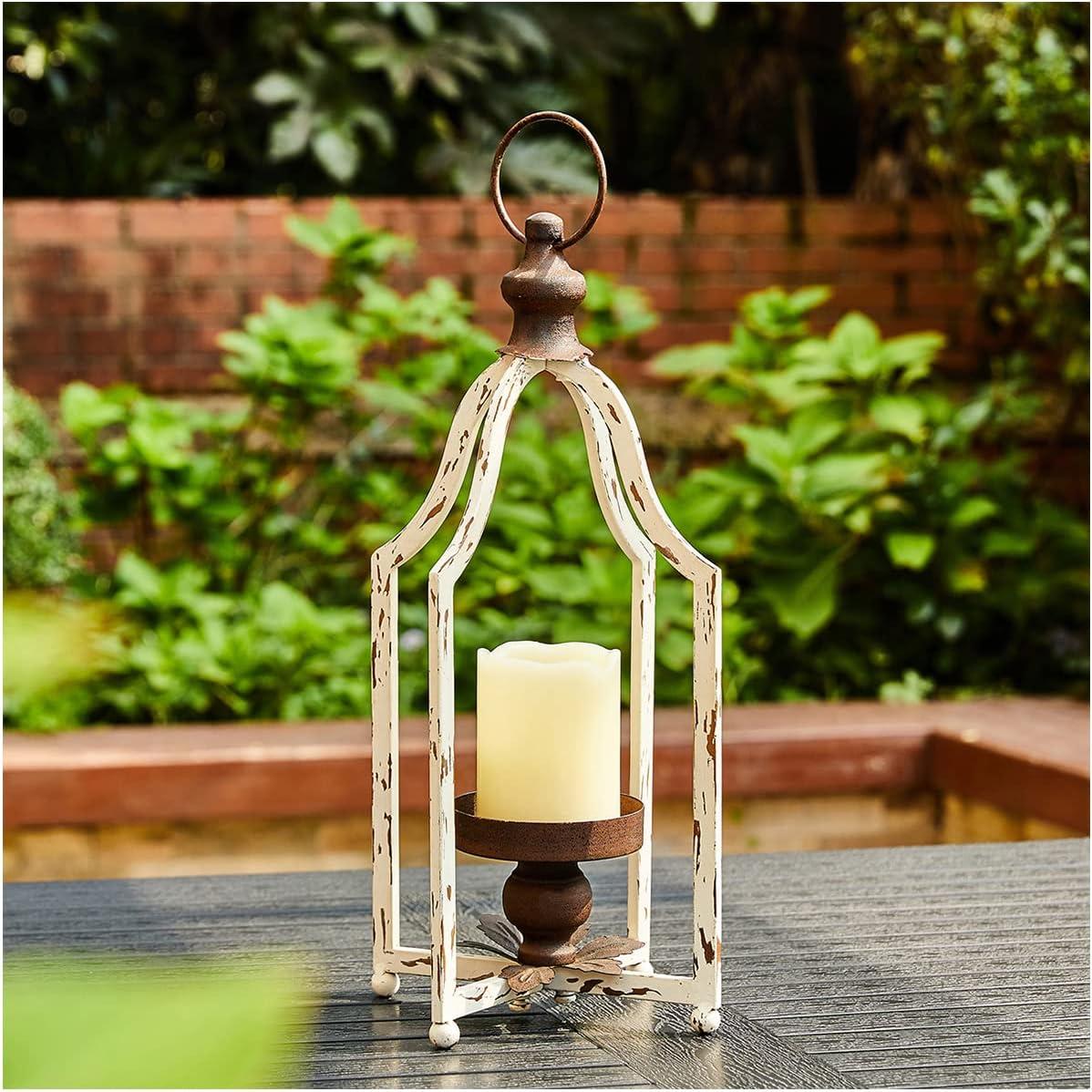 Glitzhome  Farmhouse Rustic Metal Lanterns Hanging Candle Holder White-S