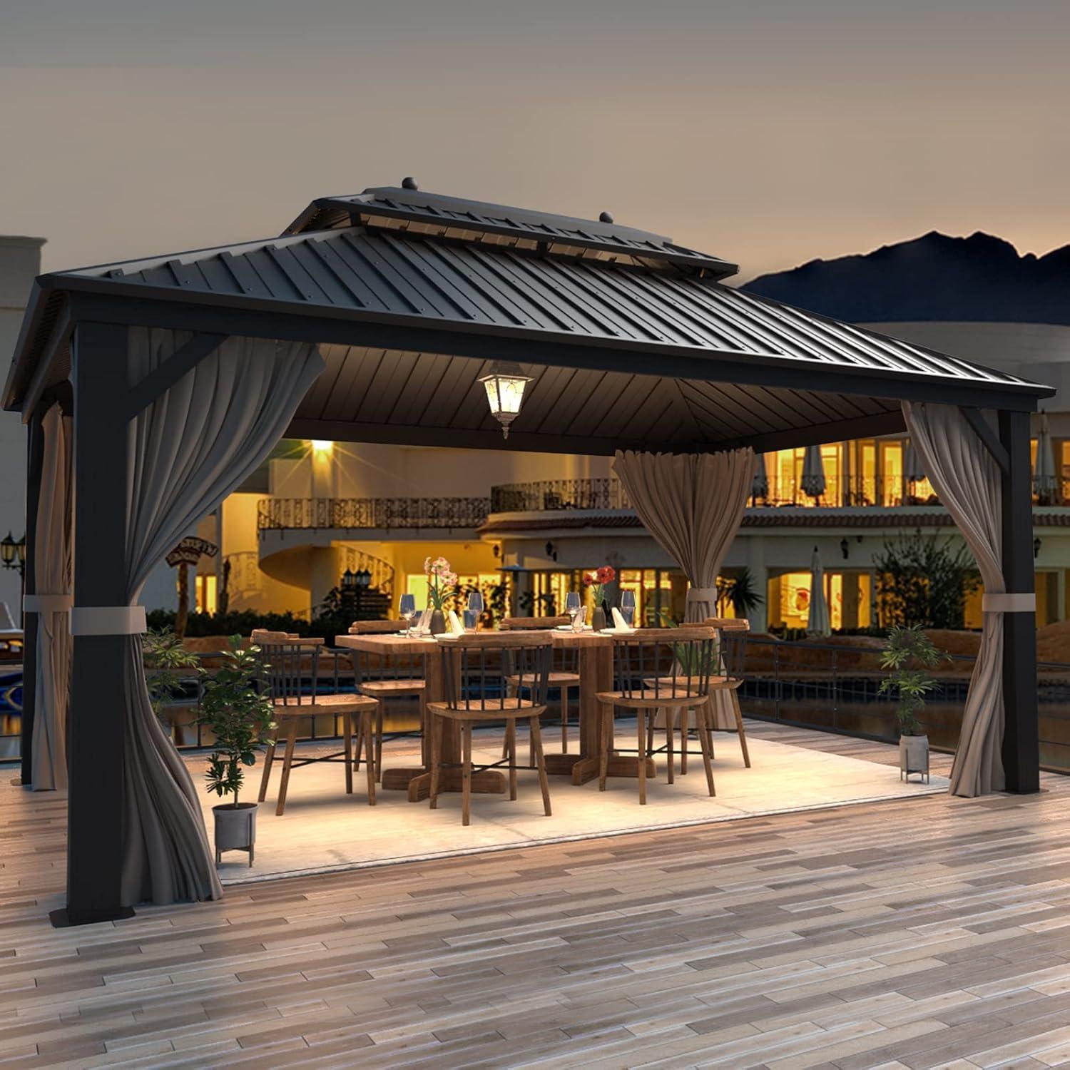 MELLCOM 10'x13' Hardtop Gazebo Double Roof Galvanized Steel Canopy with Aluminum Frame, Permanent Metal Pavilion with Netting and Curtains for Patio, Gardens and Lawns