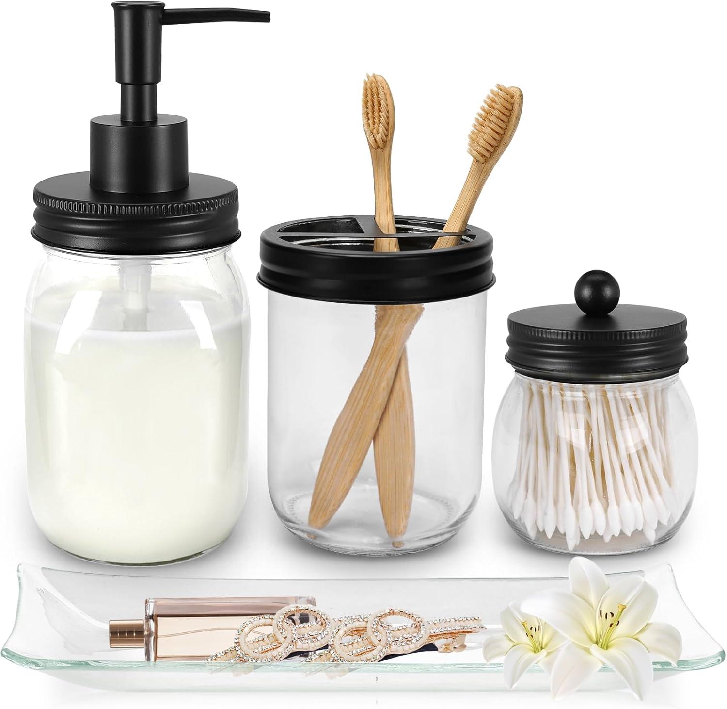 Okuna Outpost 4 Piece Glass Bathroom Accessories Set with Soap Dispenser, Toothbrush Holder, Apothecary Mason Jar