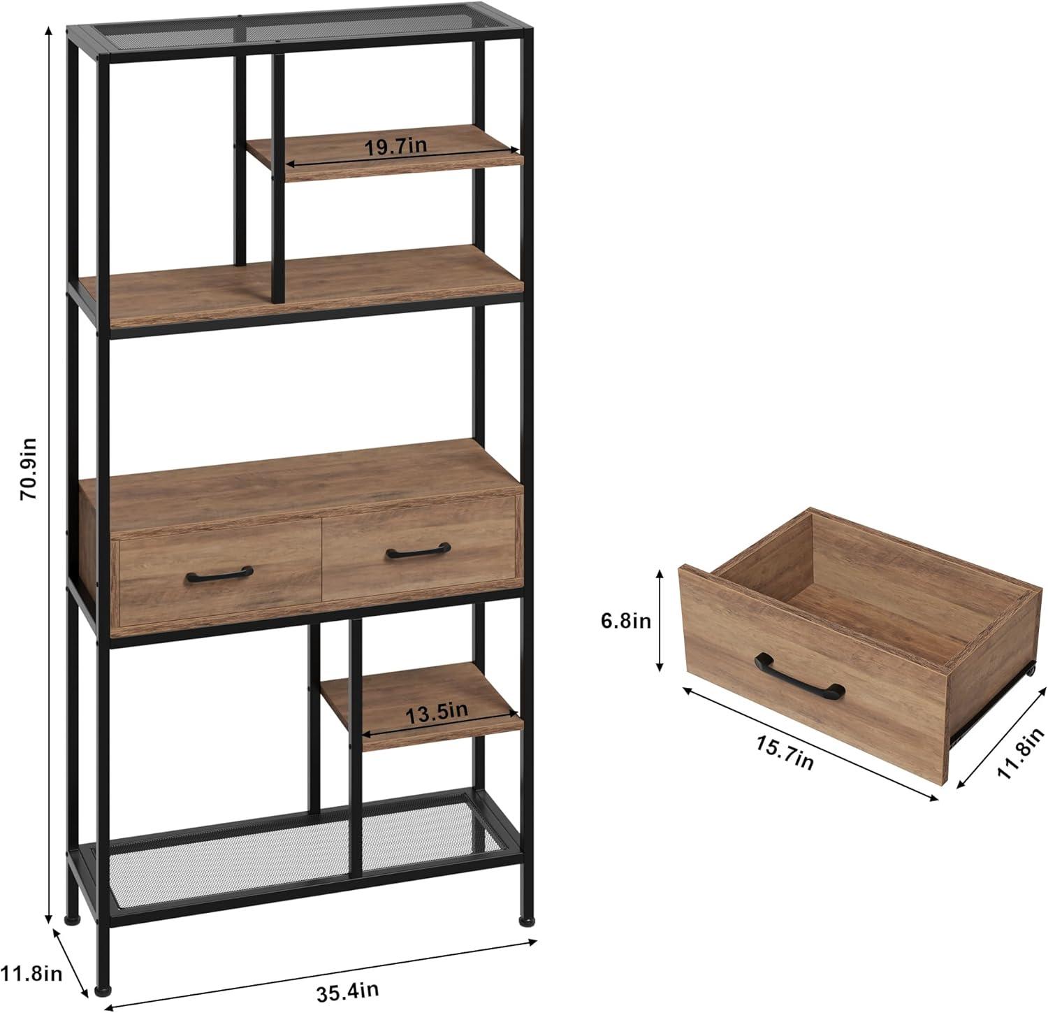 Book Shelf, Tall Bookcase with Storage, 6-Tier Industrial Bookshelf with 2 Wooden Drawers for Home Office and Living Room, Brown