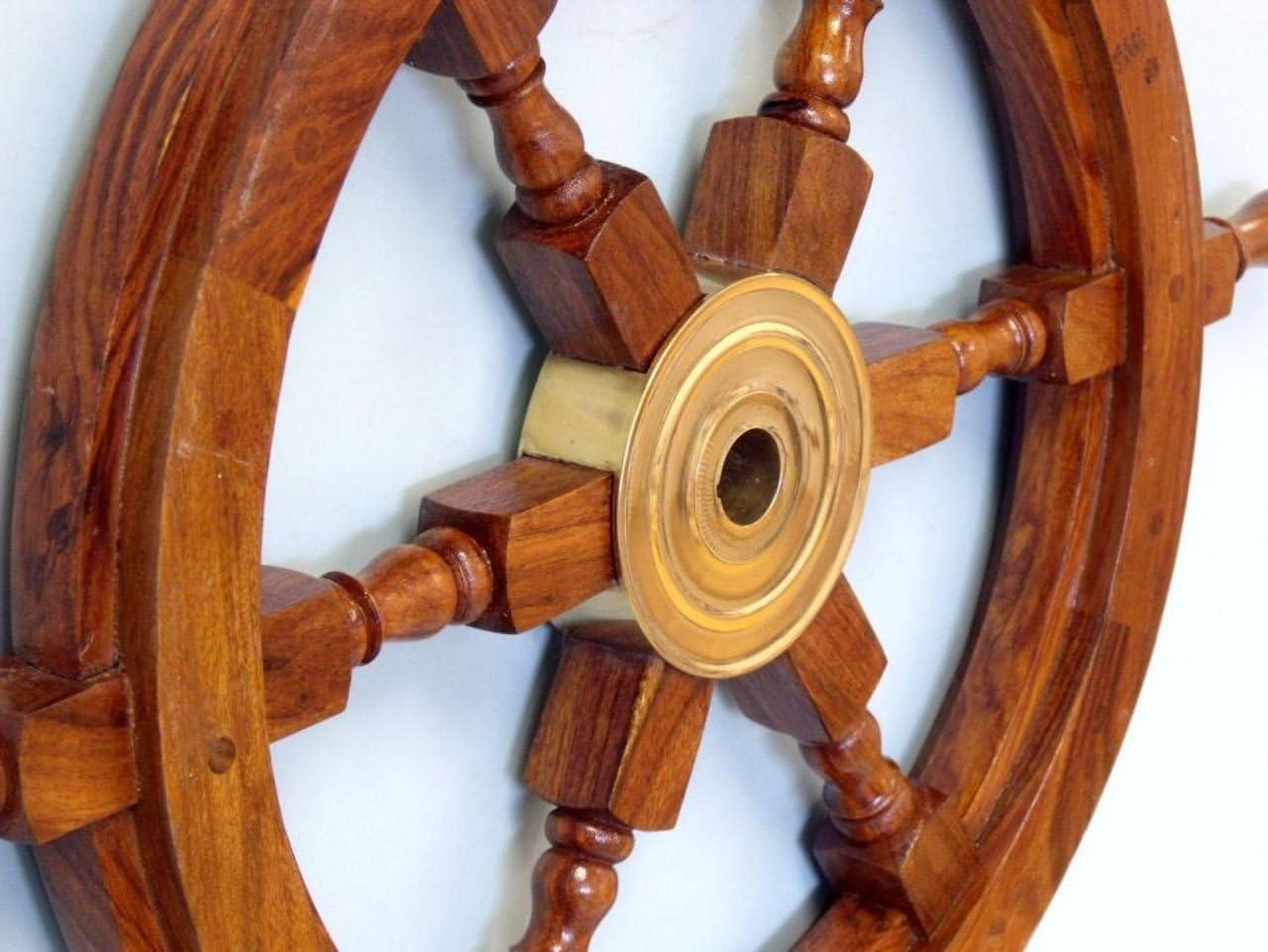 Deluxe Lacquered Wood and Brass Nautical Ship Wheel 18"