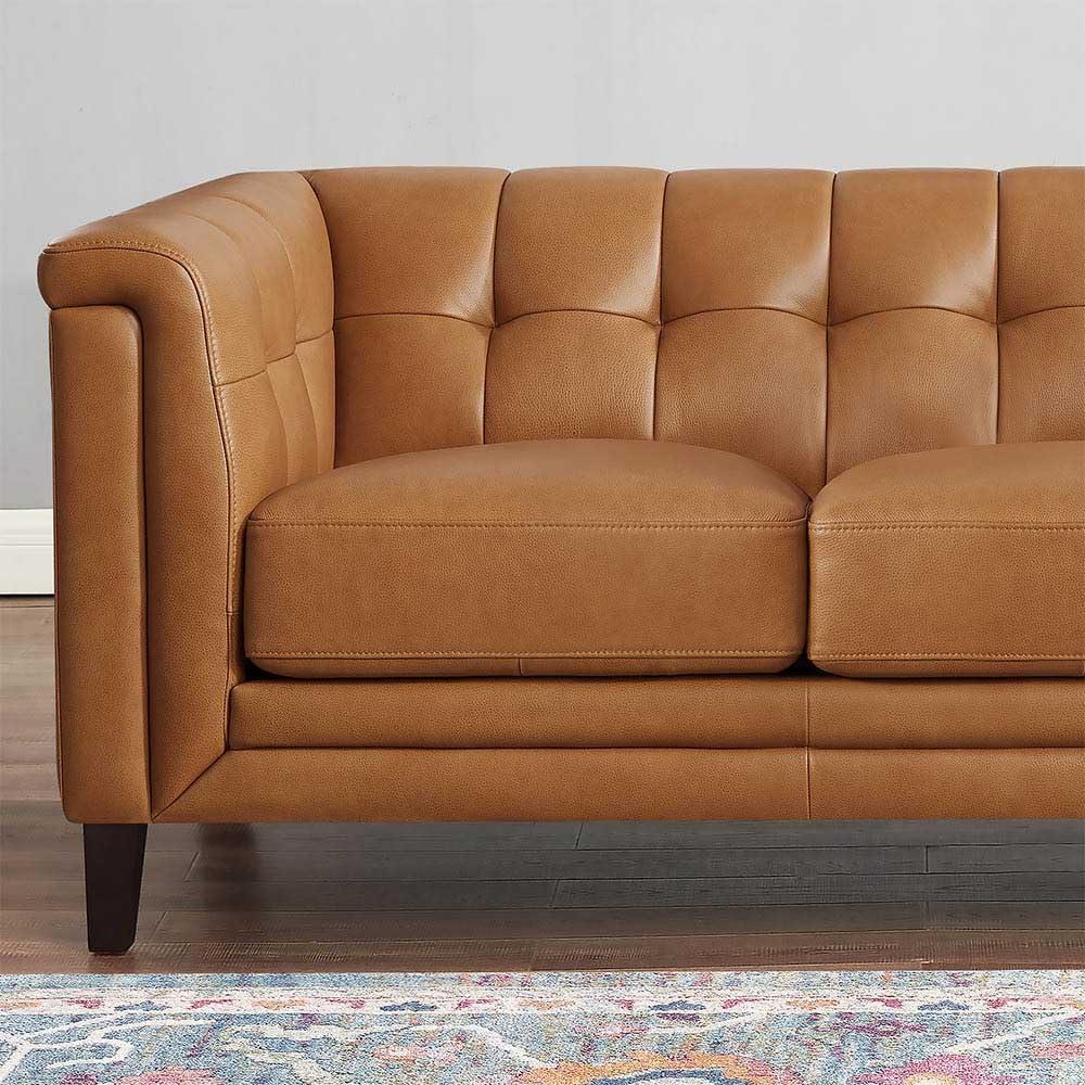 Arvo 84" Silver Gray Tufted Leather Sofa with Wood Legs