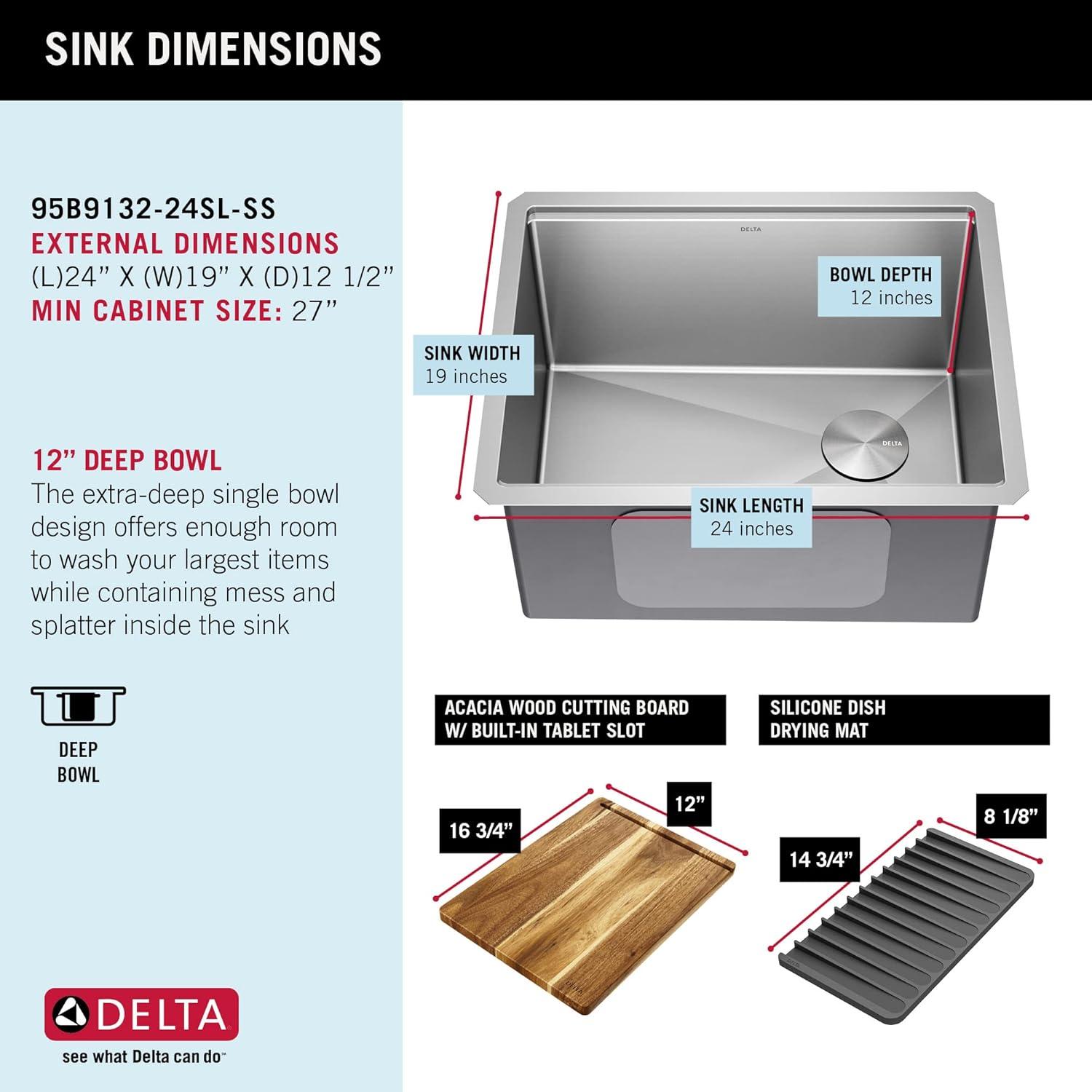 Delta Lorelai™ 24" L Workstation Laundry Utility Kitchen Sink Undermount 16 Gauge Stainless Steel Single Bowl