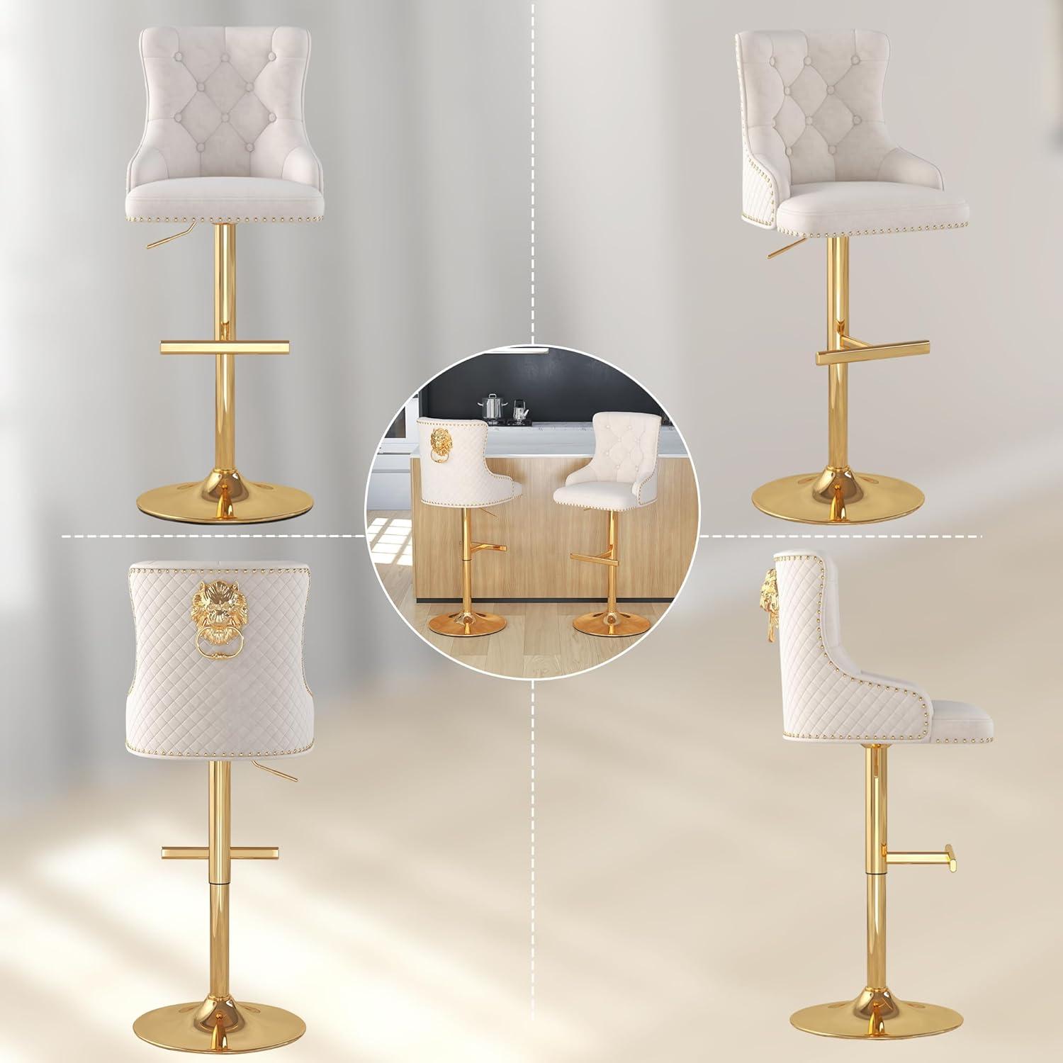 Bar Stools Set of 2, Swivel Barstools with Nailheads Trim, Velvet Button Tufted Back and Golden Footrest, Adjustable Counter Height Bar Stools for Kitchen Counter,Home Bar,Pub, Beige