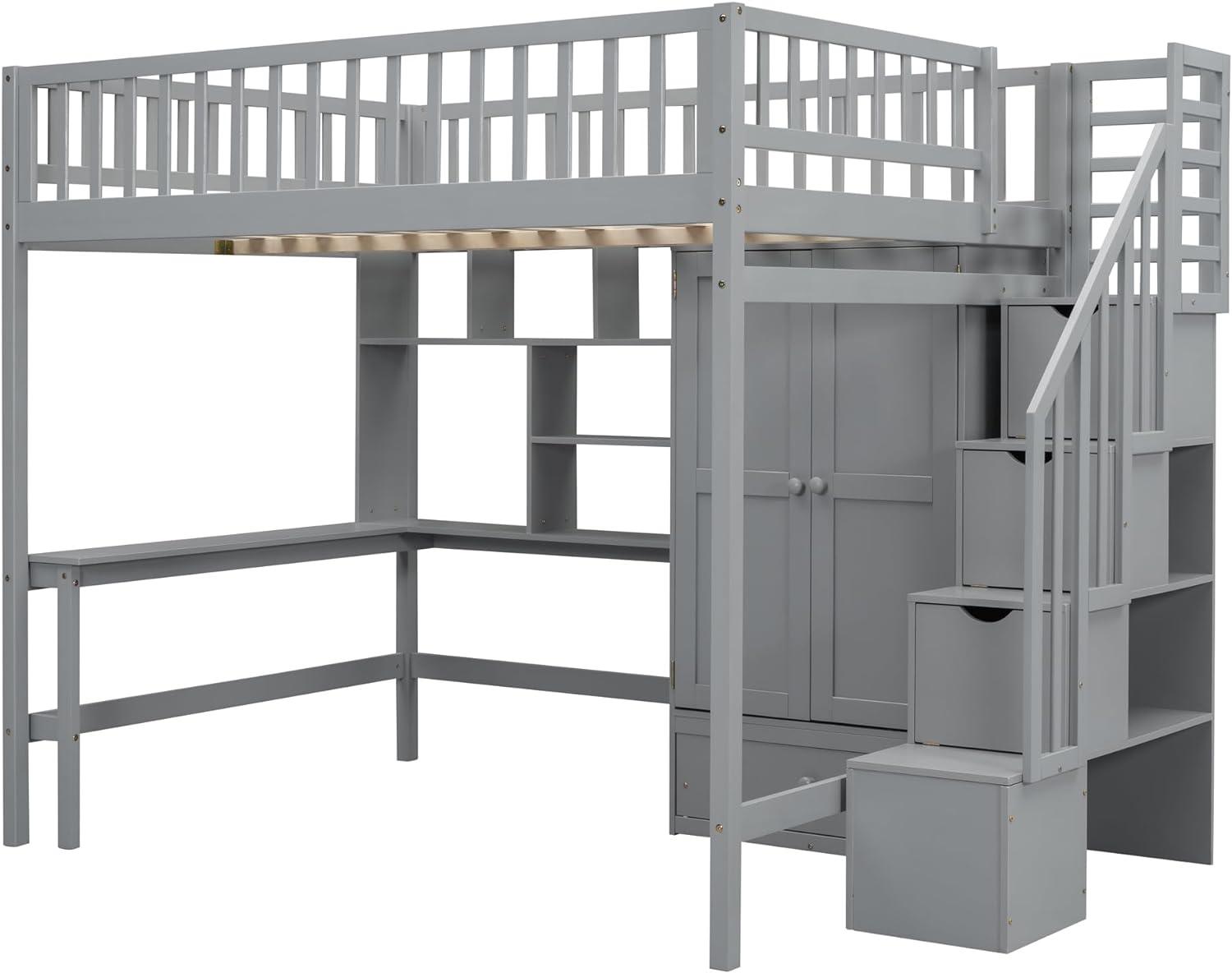 Bellemave Full Size Loft Bed with Stairs and Wardrobe, Wood Loft Beds Frame with Desk and Storage Drawers, Stairway Loft Bed for Kids, Teens & Adults（Gray）