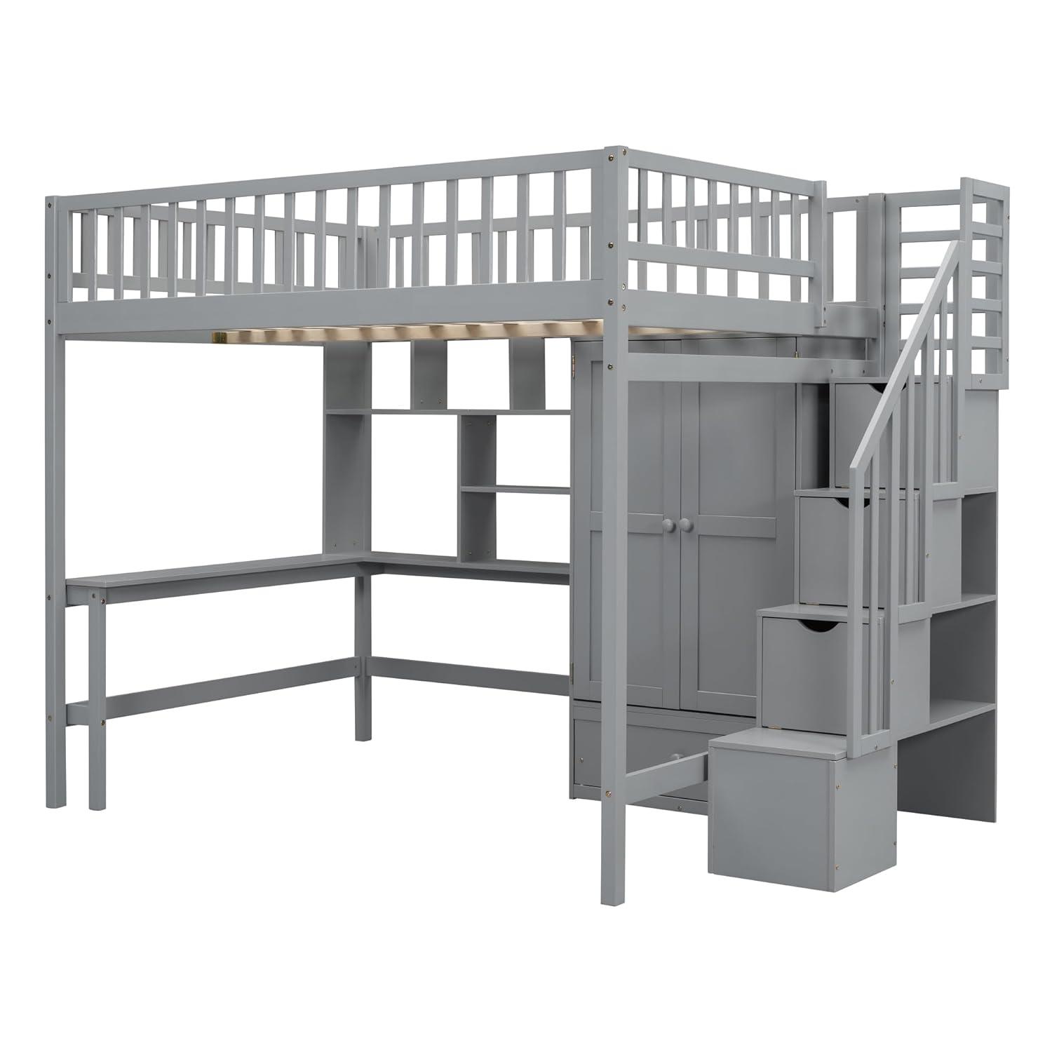 Bellemave Full Size Loft Bed with Stairs and Wardrobe, Wood Loft Beds Frame with Desk and Storage Drawers, Stairway Loft Bed for Kids, Teens & Adults（Gray）