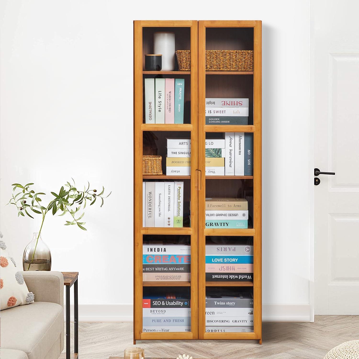 Magshion Bamboo 6 Tiers Bookcase with Acrylic Doors, Storage Display Stand, Brown, for Home