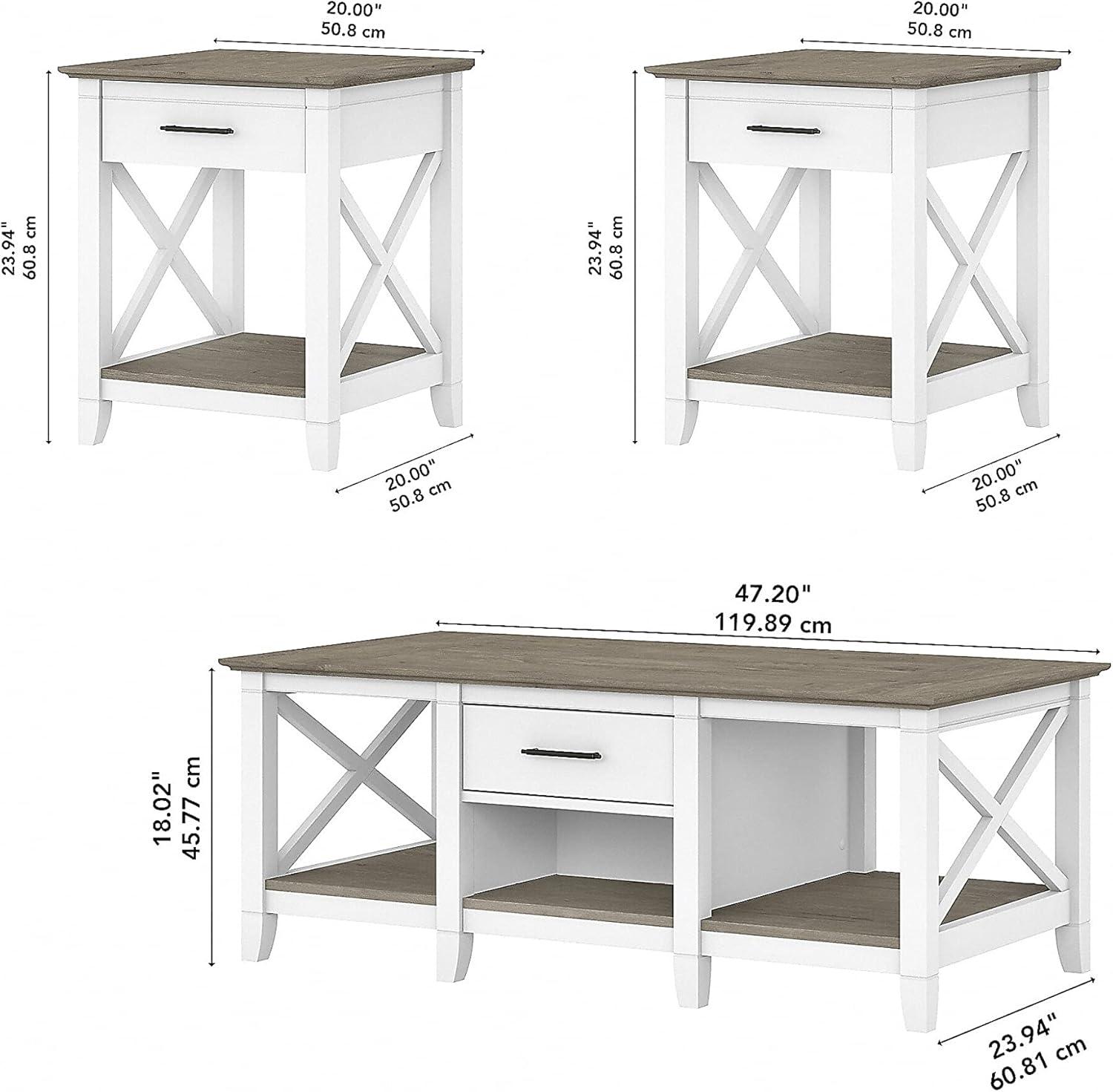 Bush Furniture Key West Coffee Table with Set of 2 End Tables in Pure White and Shiplap Gray