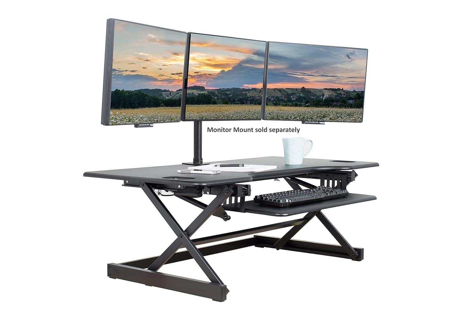 Rocelco 46" Height Adjustable Sit To Standing Desk Riser Black : Extra Large, Ergonomic Keyboard Tray, No Assembly Required