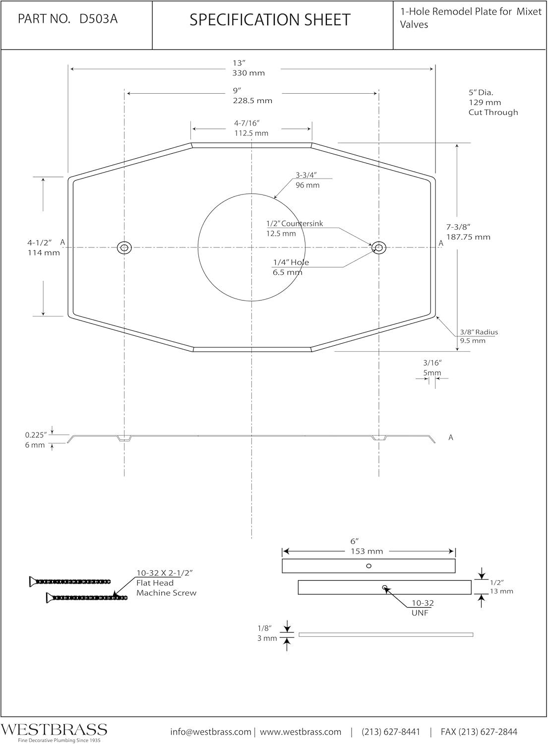 Westbrass D503-26 One-Hole Remodel Cover Plate for Mixet Bathtub and Shower Valves