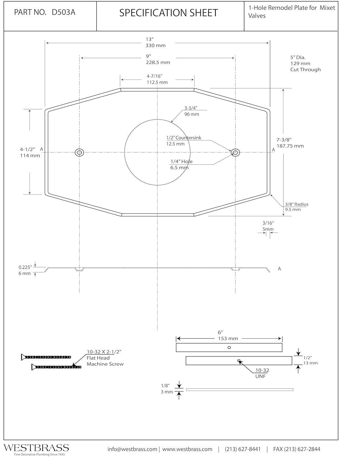 Westbrass One-Hole Remodel Cover Plate for Mixet Bathtub and Shower Valves D503-62