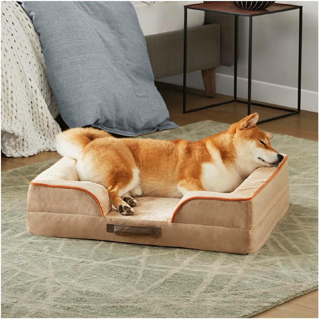 Medium Khaki Orthopedic Waterproof Dog Bed with Bolster