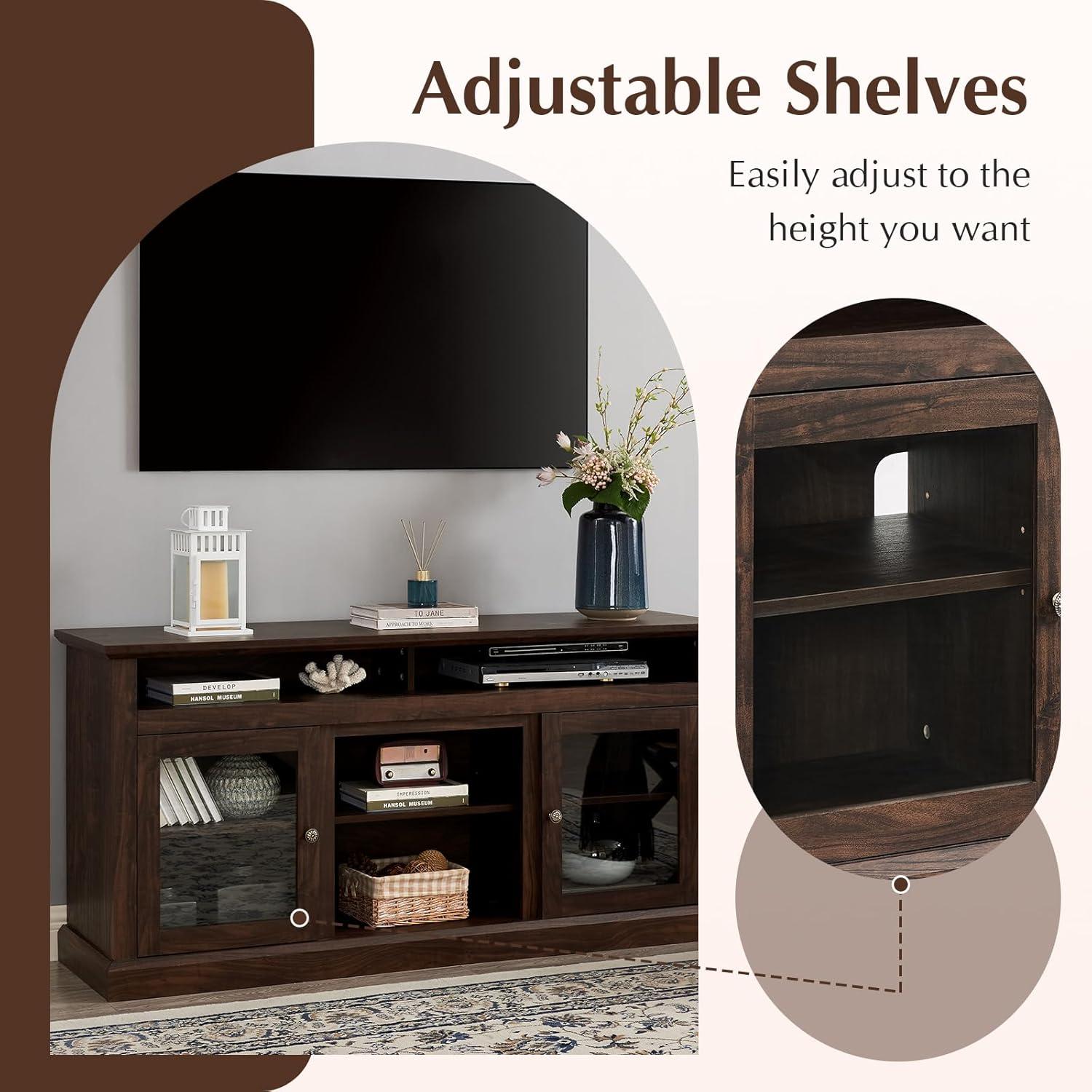 LETESA Traditional Classic Media TV Stand for TV up to 65”, Retro Wooden TV Console with Open and Closed Storage Cabinets for Bedroom, Living Room, Corridor (Brown)