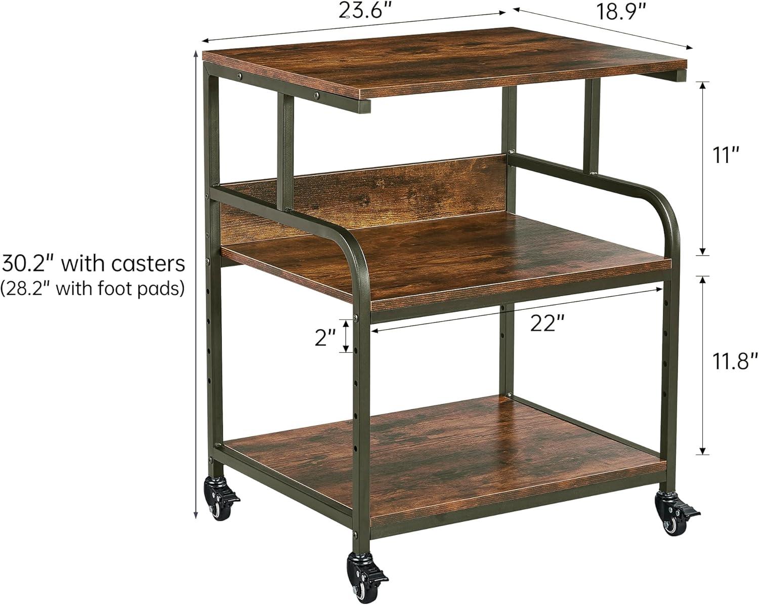 Large Printer Stand with Adjustable Storage Shelf, 3 Tier Printer Cart with Wheels for Home Office Organization, Rolling Table Stand for Heat Press Mini Fridge, Industrial Style