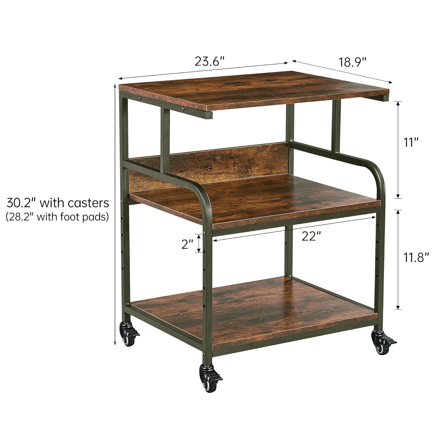 Large Printer Stand with Adjustable Storage Shelf, 3 Tier Printer Cart with Wheels for Home Office Organization, Rolling Table Stand for Heat Press Mini Fridge, Industrial Style