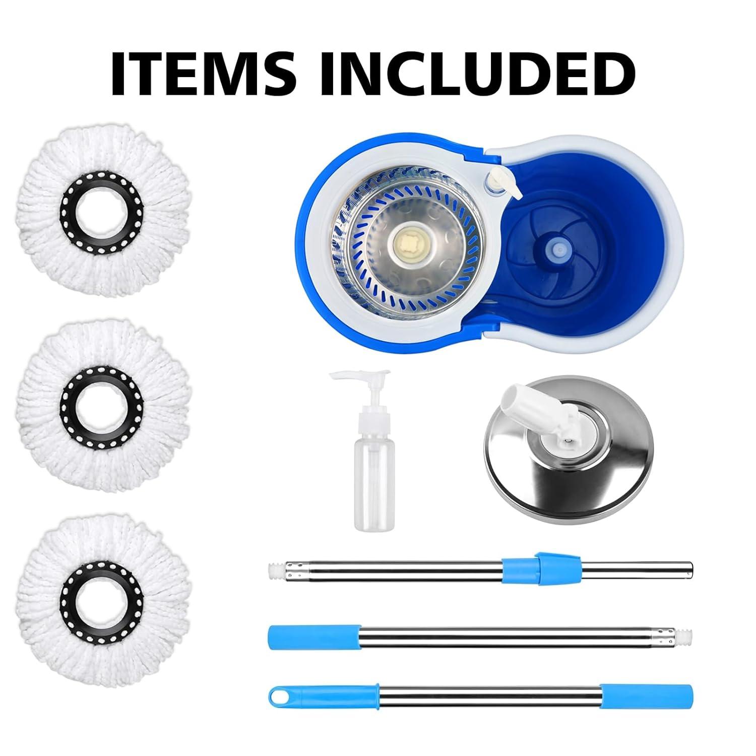 Spin Mop and Bucket with Wringer Set,360°Spin Mop & Bucket Floor Cleaning System Mop Bucket with 61" Adjustable Extended Handle 3 Microfiber Replacement Head Refills