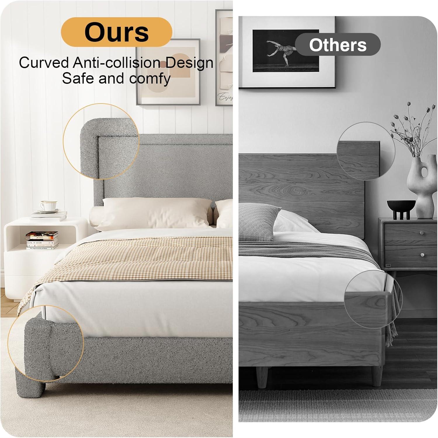 Queen Size Boucle Bed Frame, Upholstered Cloud Bed Frame with Adjustable Headboard, Soft Rounded Corners, No Box Spring Required, Easy Assembly, Black