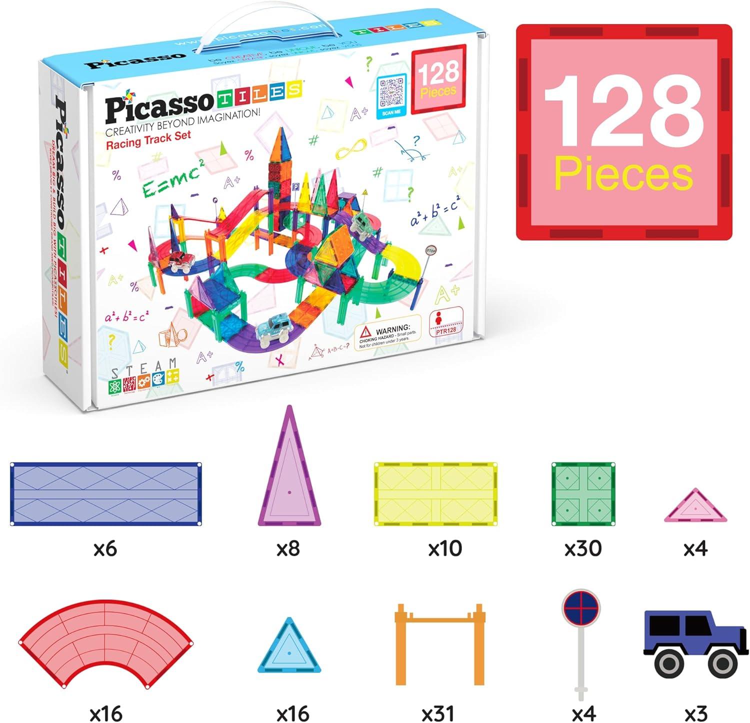 PICASSO-TILES Race Track Magnetic Tiles for Kids, 128PCS with 3 Racing Cars, Construction STEM Building Blocks Educational Toy