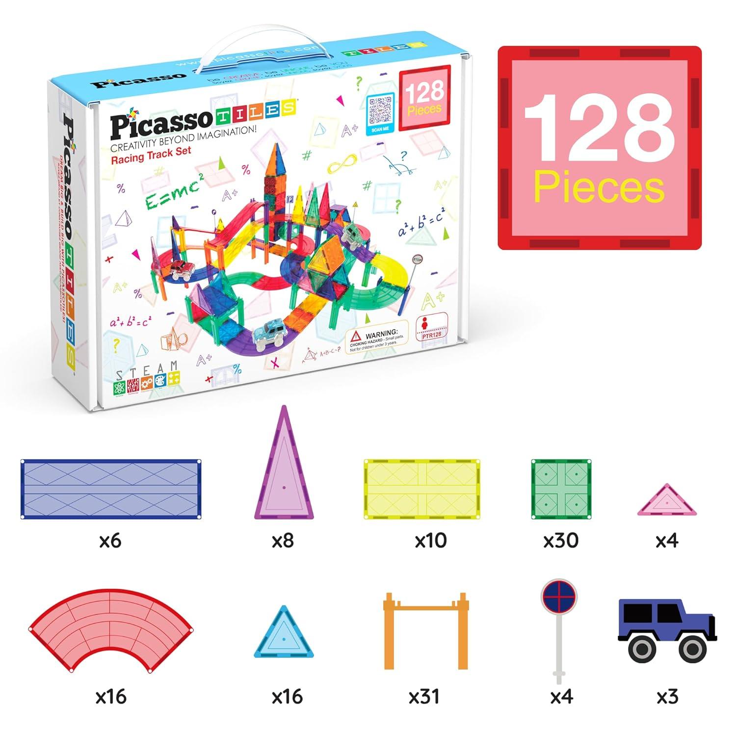 PICASSO-TILES Race Track Magnetic Tiles for Kids, 128PCS with 3 Racing Cars, Construction STEM Building Blocks Educational Toy