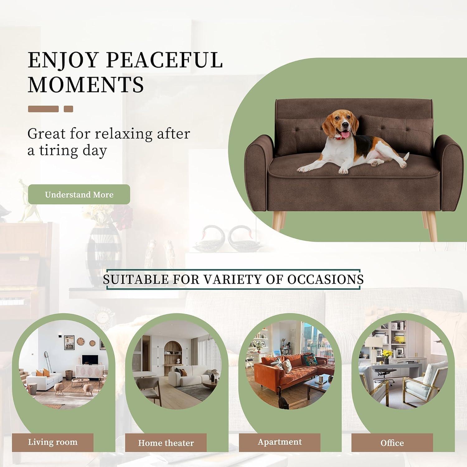 47" Black Tufted Linen Loveseat with Wood Legs